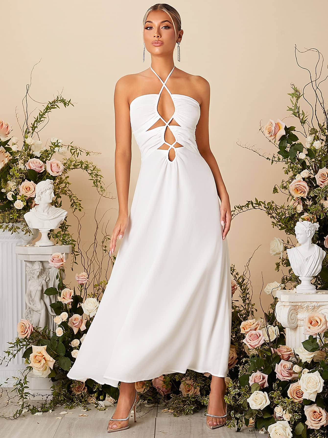 Sexy Women's Backless Halter Neck Bodycon Dress - Summer Party Long Dress with Crisscross Front Cut Out Design (White, X-Small) | Perfect for Club Nights, Beach Vacations & Date Nights