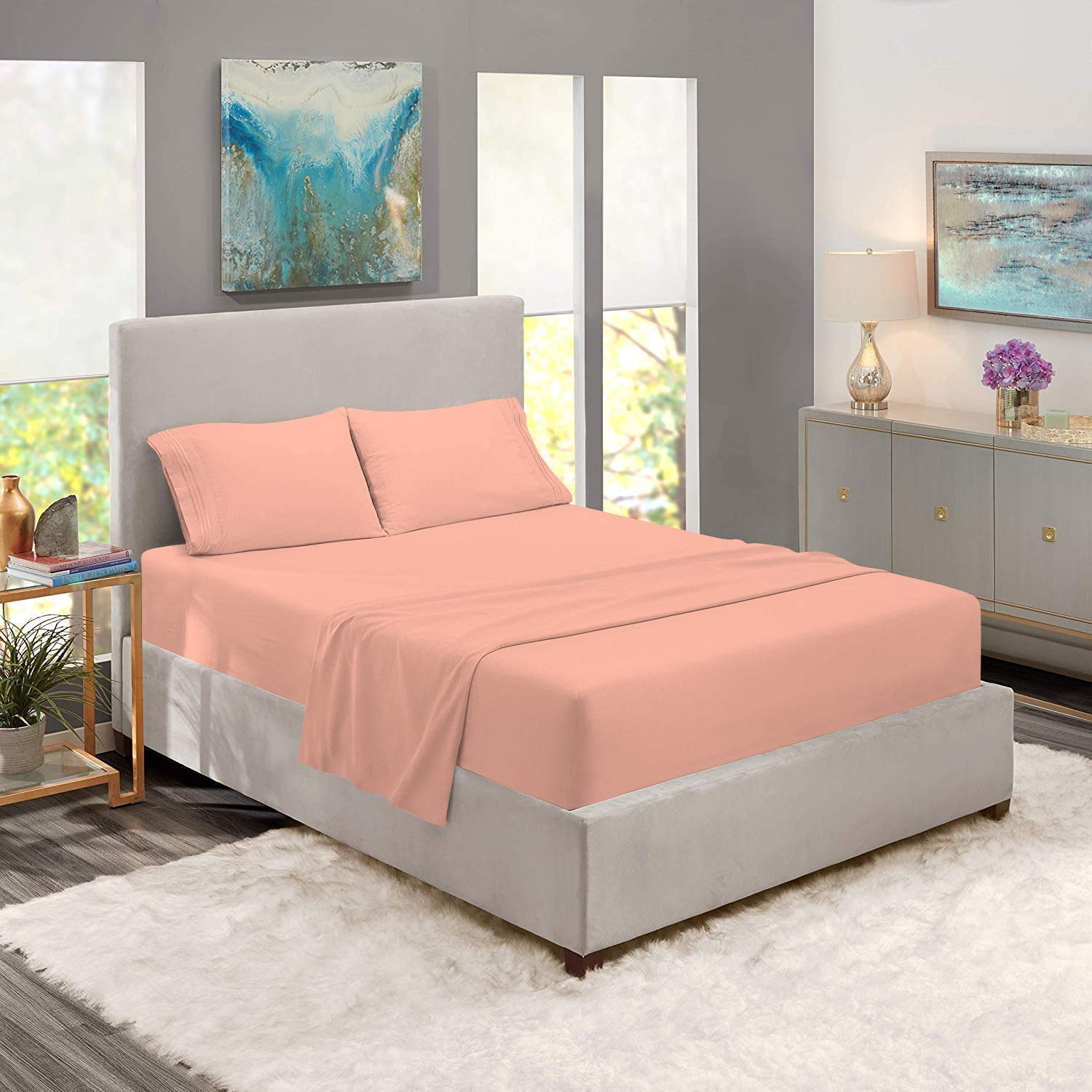 LuckySleep 100% Egyptian Cotton 700 Thread Count Twin XL Fitted Sheet - Deep Pocket for 12 Inch Mattress, Elastic All Around, Solid Peach - Perfect for Dorm Rooms, Guest Beds & Luxury Bedding Sets