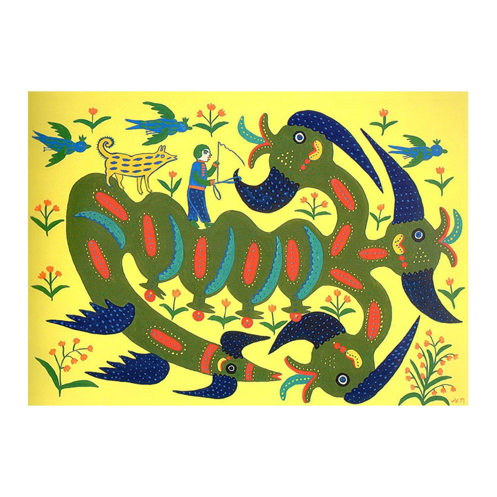 Maria Primachenko 'Vania Has Brided a Serpent by the Beard and Rides Through Town' Famous Painting Reproduction - Premium Wood Framed Canvas Print 32x44 inches (80x112cm) - Ukrainian Folk Art Wall Decor for Living Room, Bedroom & Office