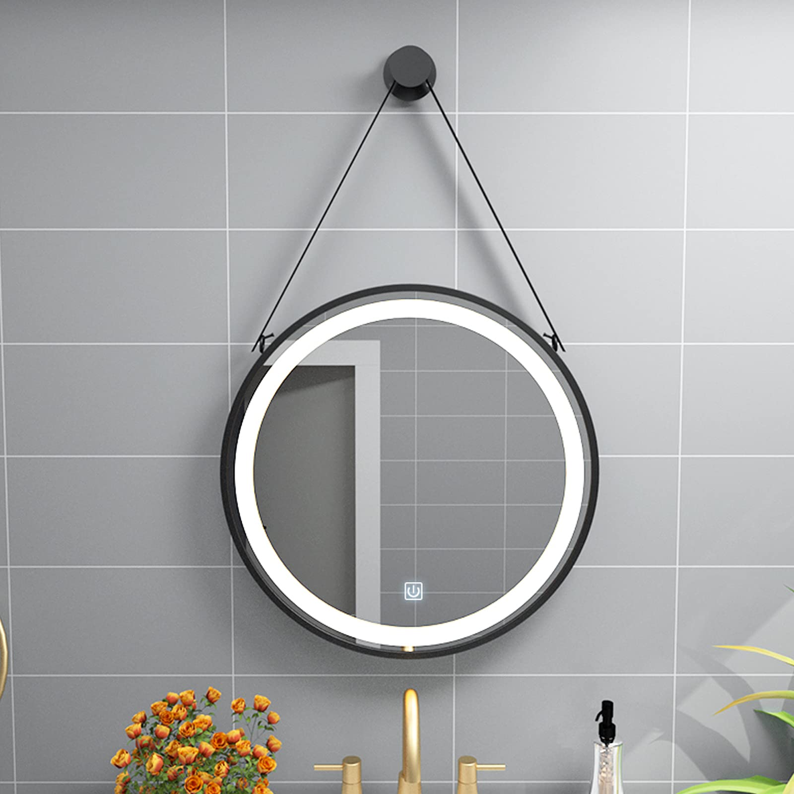 Round LED Lighted Bathroom Mirror with Touch Button - Black Illuminated Wall Mirror for Makeup & Vanity, Includes Lanyard - Perfect for Home Decor, Dressing Room & Spa Style Bathrooms