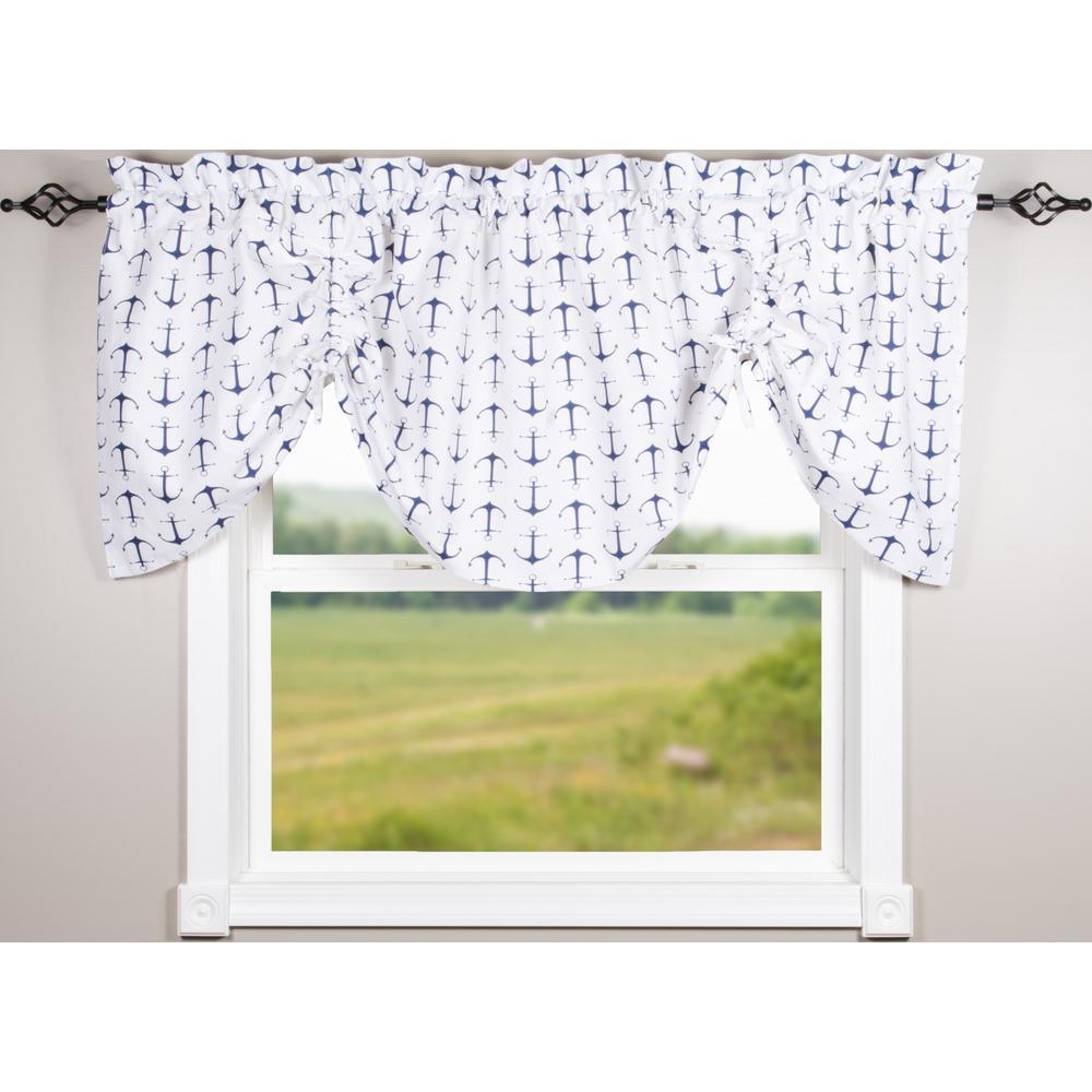 Anchors Away White Navy Gathered Valance Lined VGRE0906 - Nautical Window Treatment for Bedroom & Living Room Decor