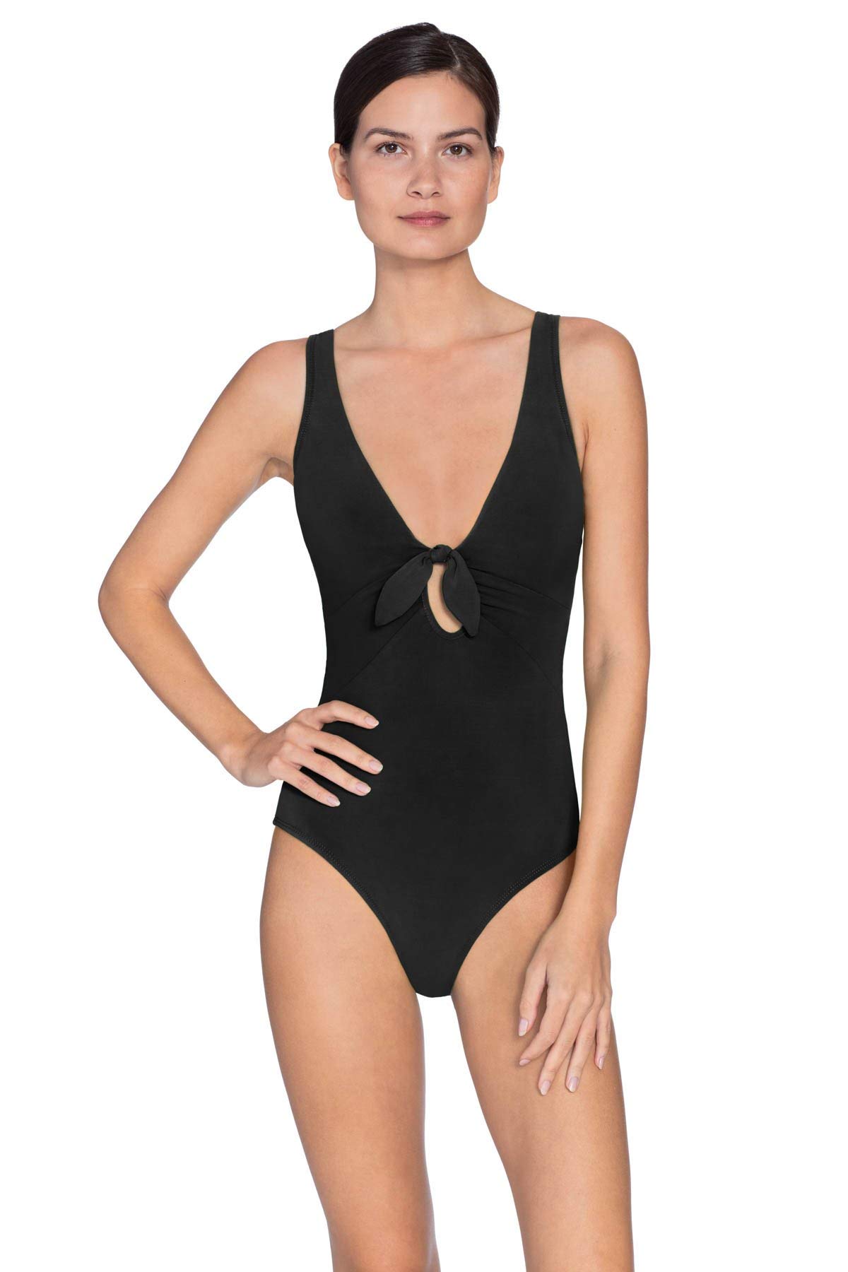 Robin Piccone AVA Black Knot Plunge One Piece Swimsuit - Sexy Low-Cut Monokini for Beach, Pool & Vacation