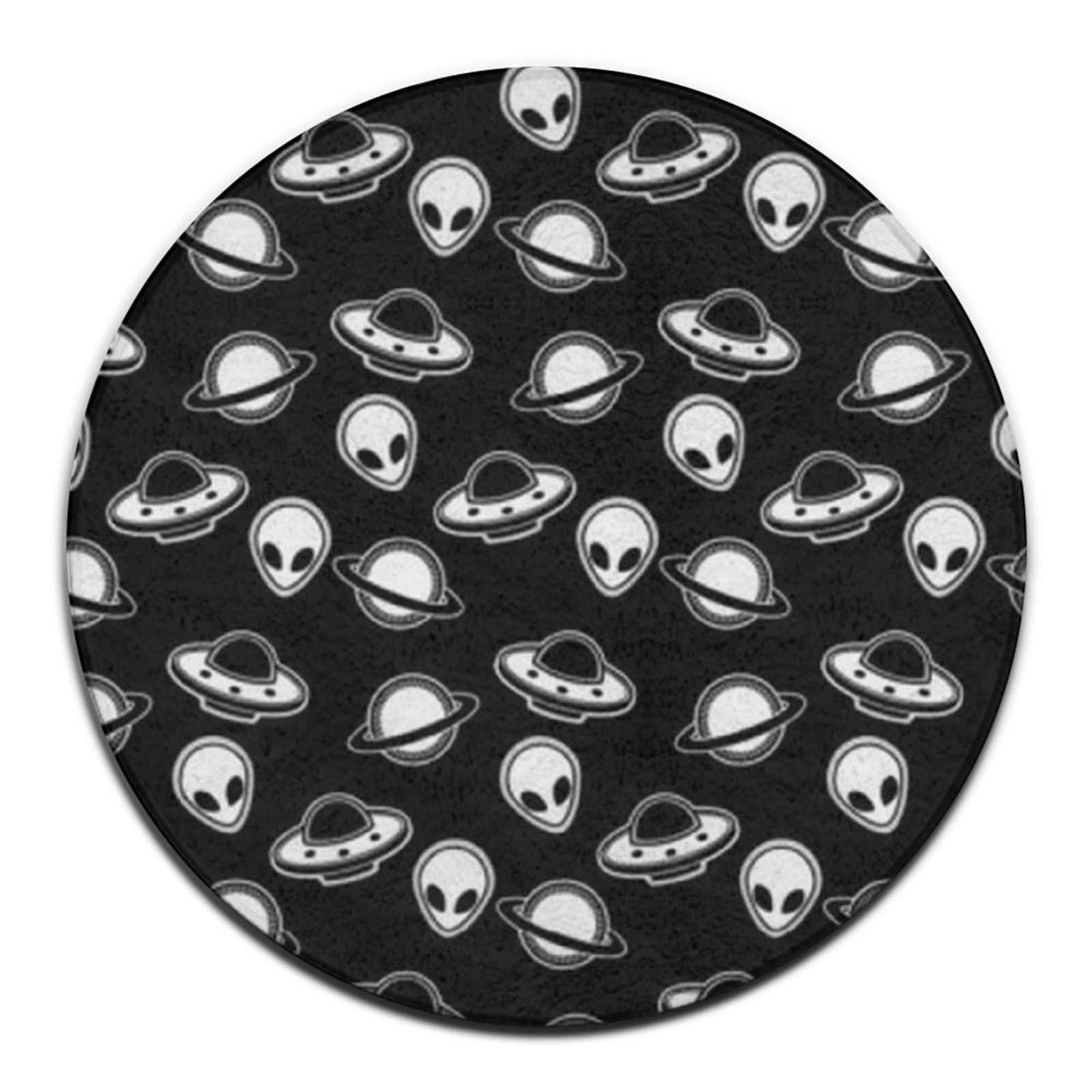 Soft Round Area Rug with Aliens Space UFO Design - Black Circle Carpet for Bedroom, Living Room, Dorm Decor | Perfect for Cozy Home Floor Mat & Modern Space-Themed Interior Design