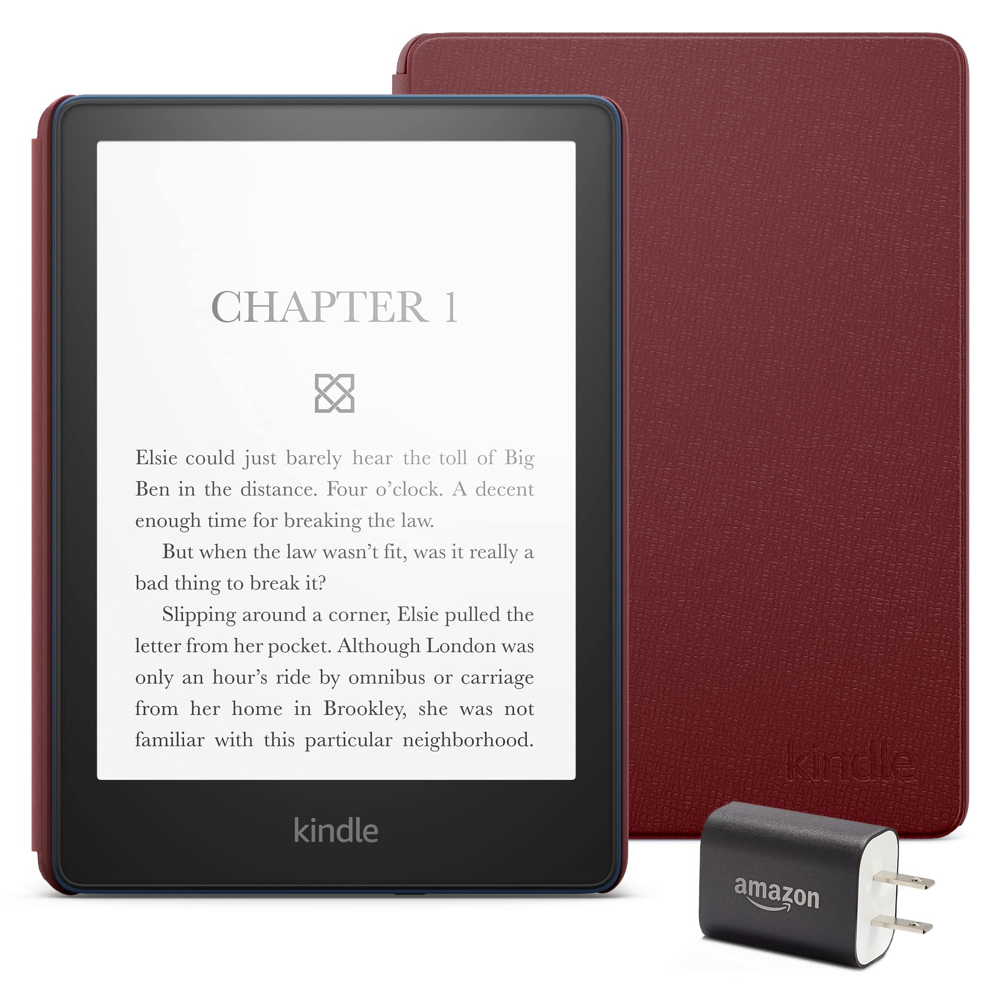 Kindle Paperwhite Essentials Bundle - 16GB Denim (No Lockscreen Ads) with Merlot Leather Cover & Power Adapter - Perfect for Reading, Travel & Gifts