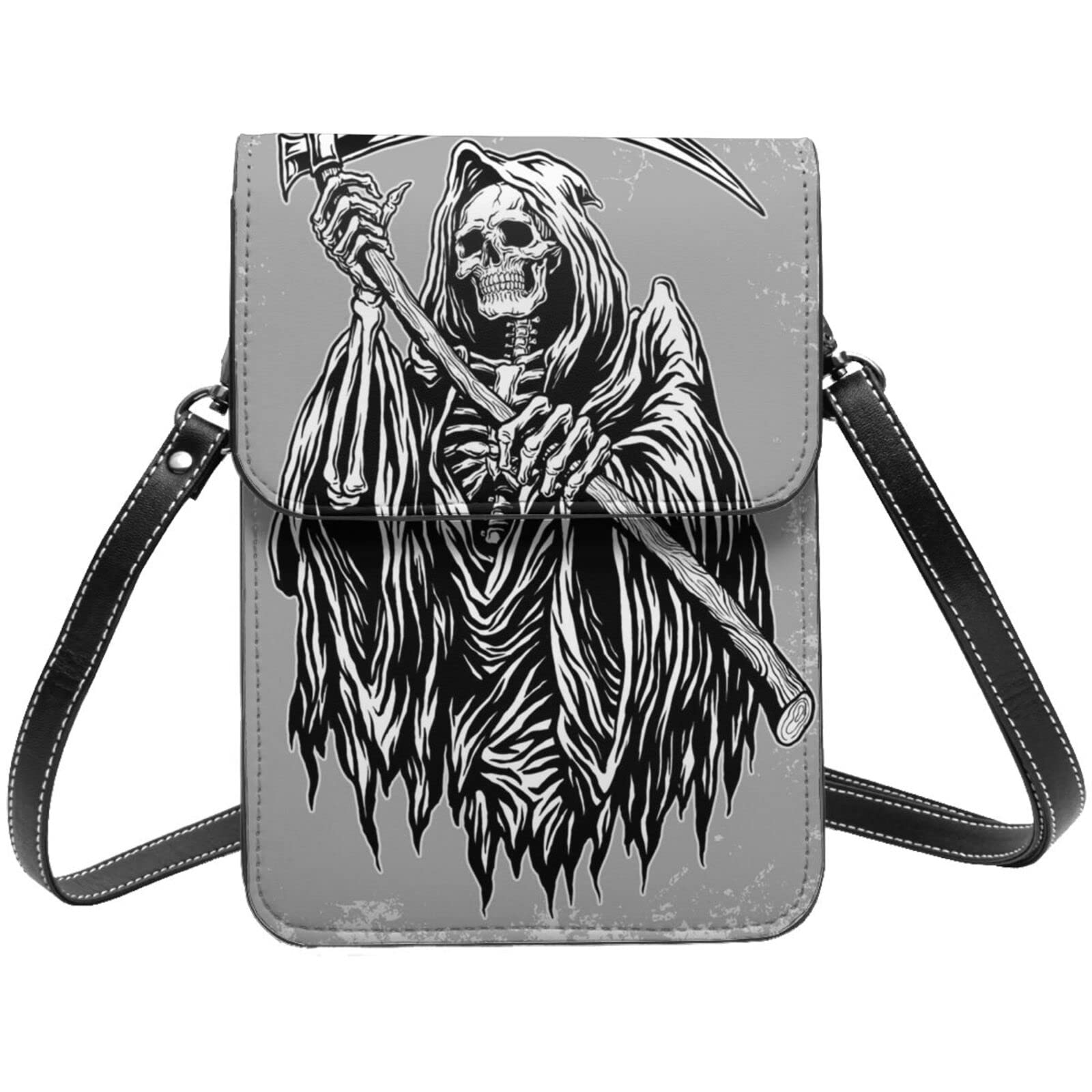 YAZXHJAZ Dark Grim Reaper Gray Leather Crossbody Phone Purse for Women - Mini Cell Phone Bag with Adjustable Strap | Perfect for Parties, Concerts & Everyday Use