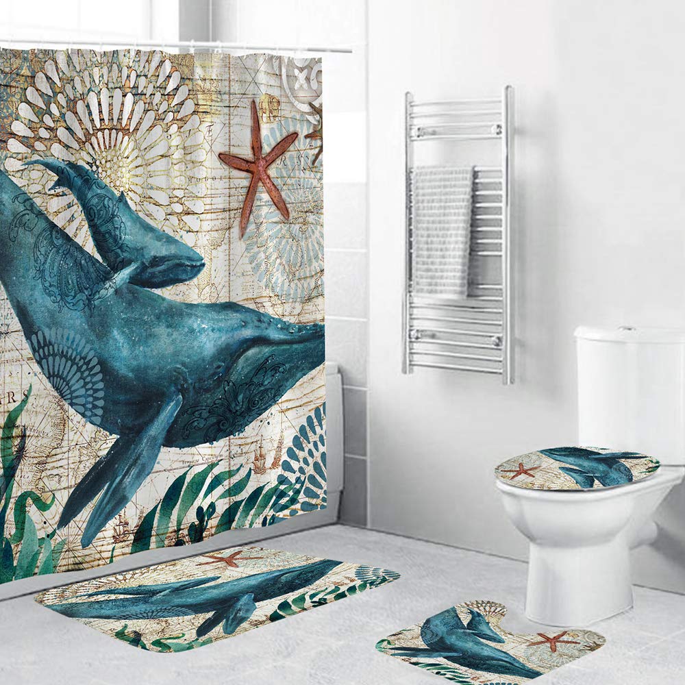 ZXMOTO 4PCS Bathroom Set - Nautical Whale Shower Curtain with Non-Slip Rug, Toilet Cover & Bath Mat | Waterproof Ocean Theme Bathroom Decor for Coastal & Kids' Bathrooms