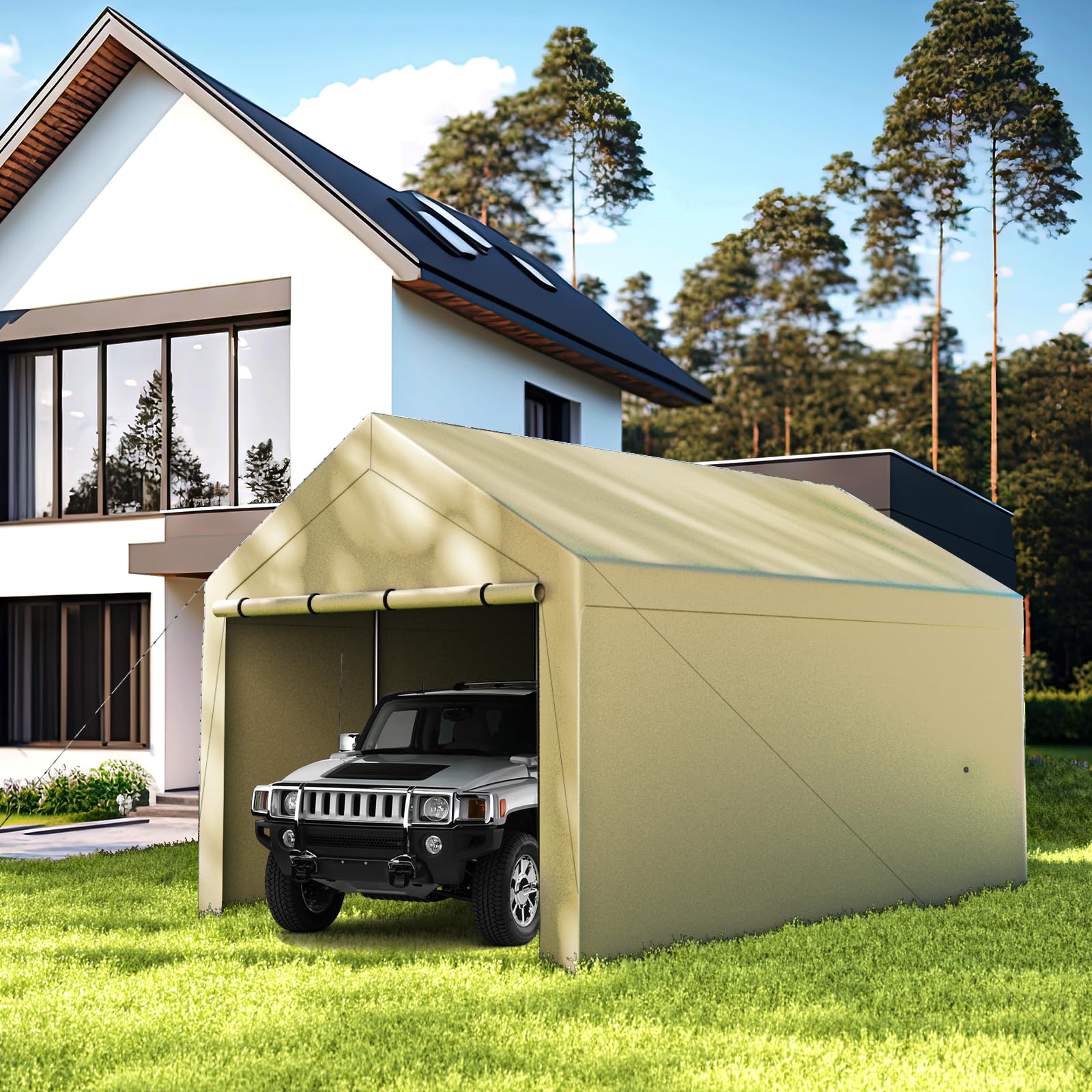 10x20ft Heavy Duty Outdoor Carport Tent - Portable Garage Canopy with Detachable Side Walls & Doors | All-Weather Shelter for Cars, Boats & Storage | Perfect for Driveway, Backyard & RV Protection (Khaki)