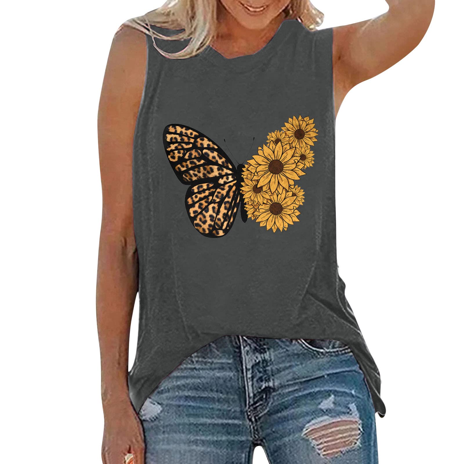 Women's Loose Fit Sunflower Print Sleeveless V-Neck T-Shirt - Casual Summer Blouse for Beach, Vacation & Everyday Wear