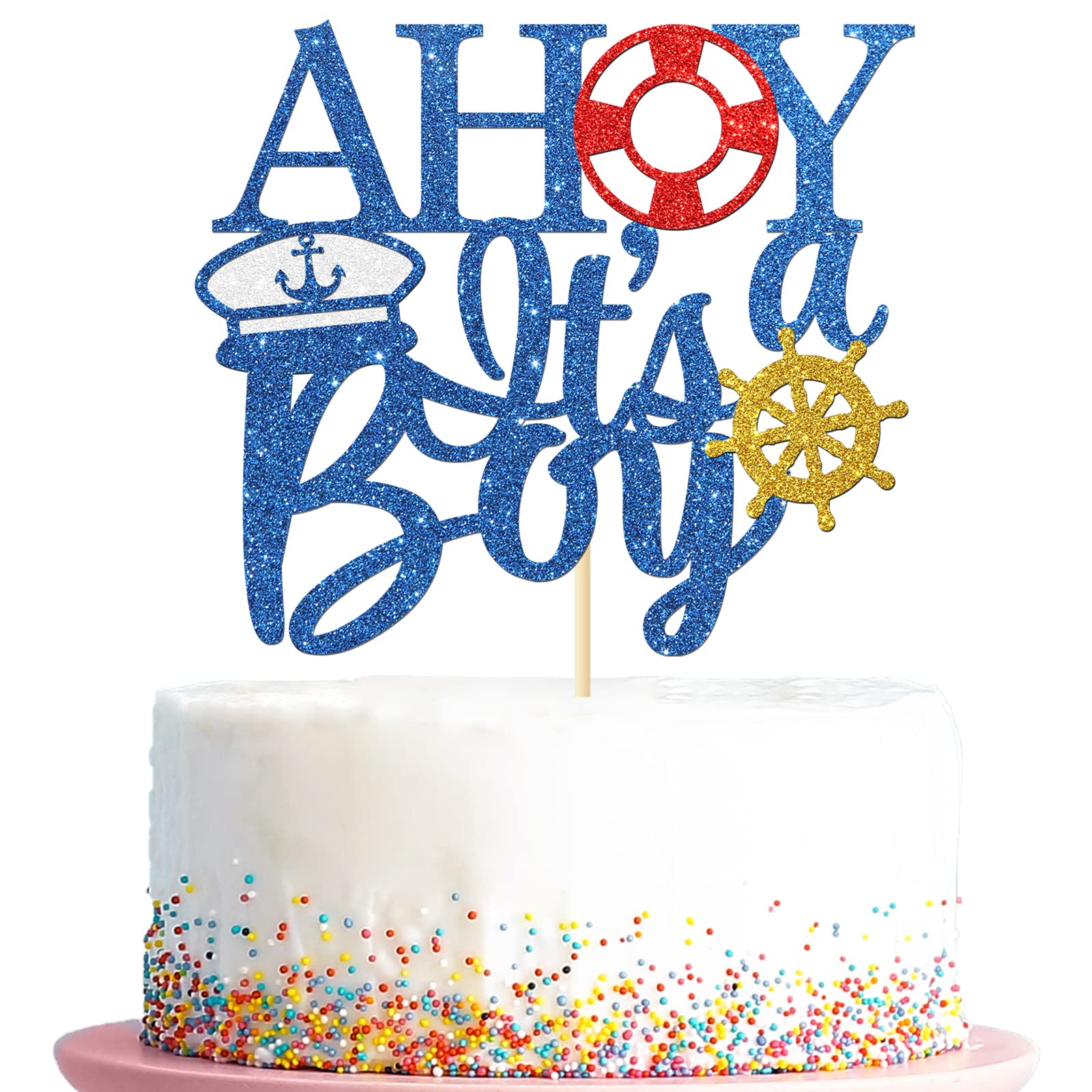 Nautical Ahoy It's a Boy Cake Topper - Blue Glitter Baby Gender Reveal & 1st Birthday Party Decorations | Perfect for Baby Showers, Welcome Home Celebrations, and Nursery Decor