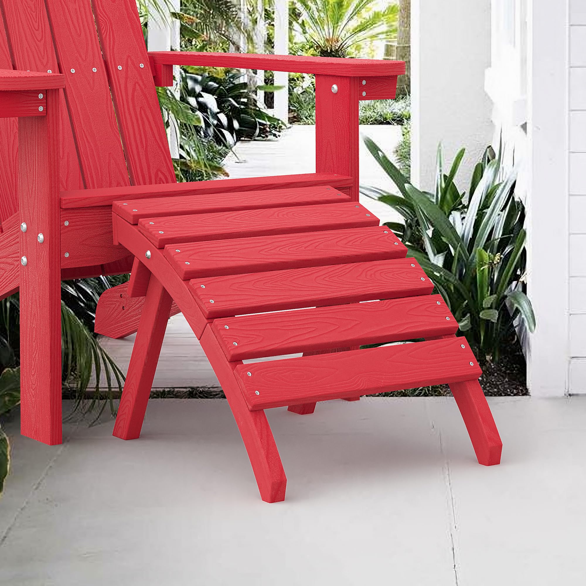 LUE BONA Folding Adirondack Ottoman - Weather Resistant Outdoor Footstool Footrest for Patio, Porch, Backyard & Garden - HDPS Adirondack Chair Ottoman in Bright Red - Perfect for Relaxing by Poolside or Fire Pit