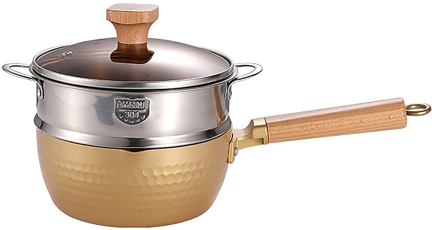 XD Designs 18cm Gold Nonstick Saucepan with Glass Lid & Wooden Handle - Japanese Traditional Milk Pot, Food Steamer & Instant Noodle Cooker - Perfect for Cooking, Boiling Milk, Making Sauces & Asian Dishes
