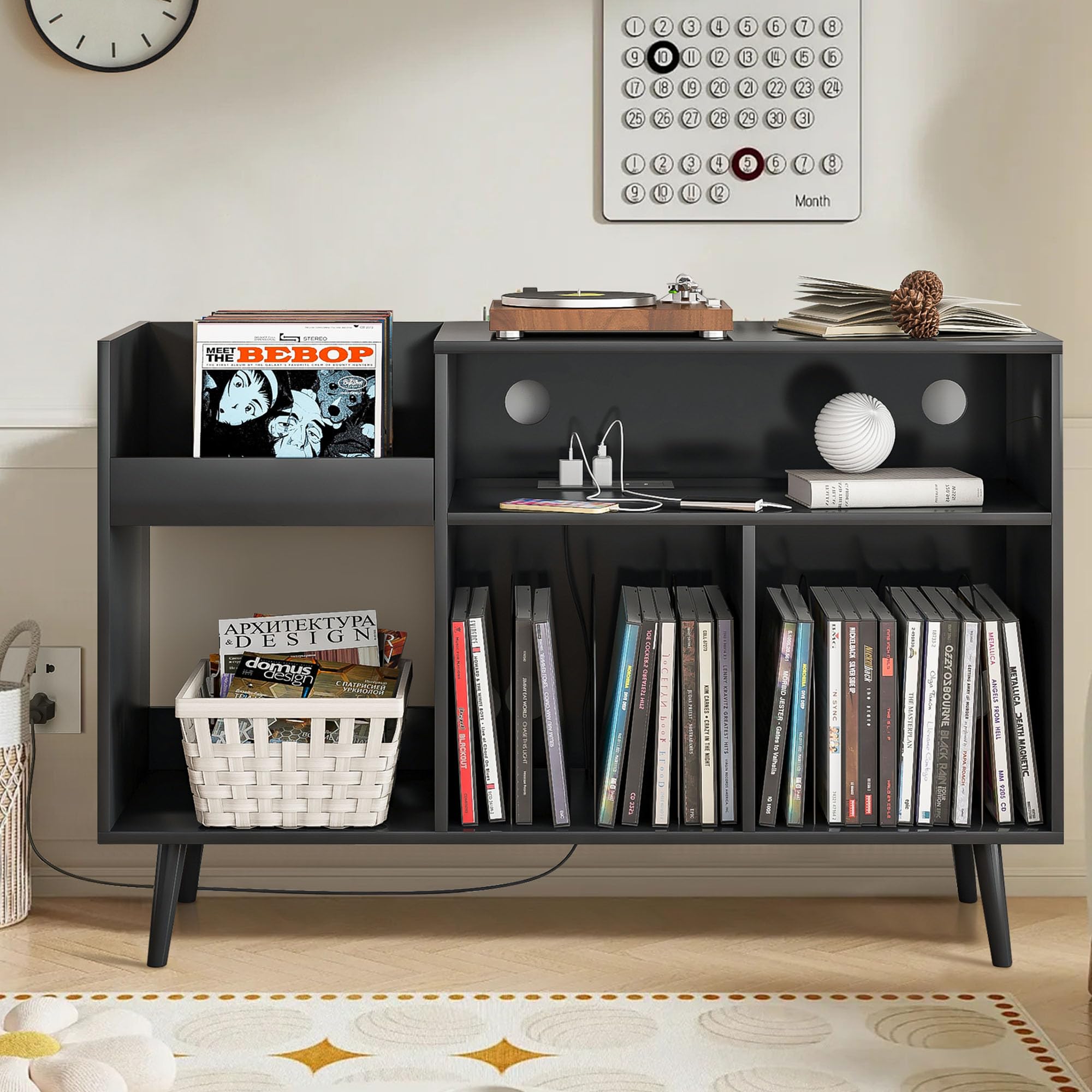 Mid Century Modern Record Player Stand with Charging Station & USB Ports - Vinyl Record Storage Cabinet Holds 350 Albums - Perfect for Living Room, Home Theater & Music Studio Decor
