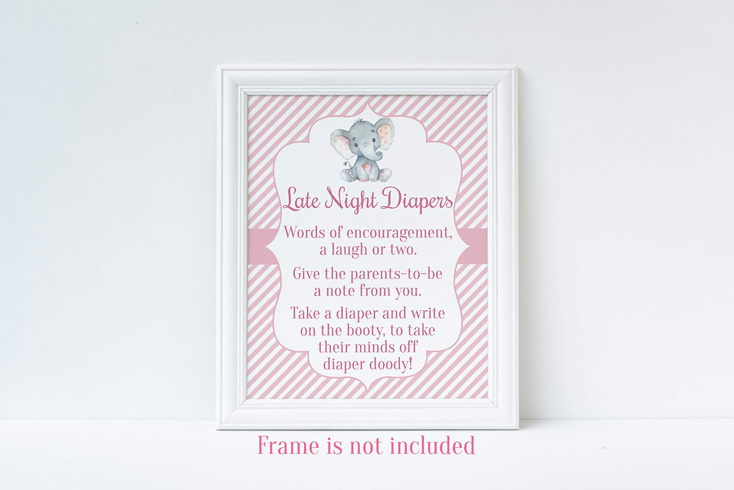 Elephant Baby Shower Diaper Sign - Late Night Diaper Baby Shower Game for Girls - 8x10 Glossy Sign (Frame Not Included) - Perfect for Baby Shower Decorations and Party Games