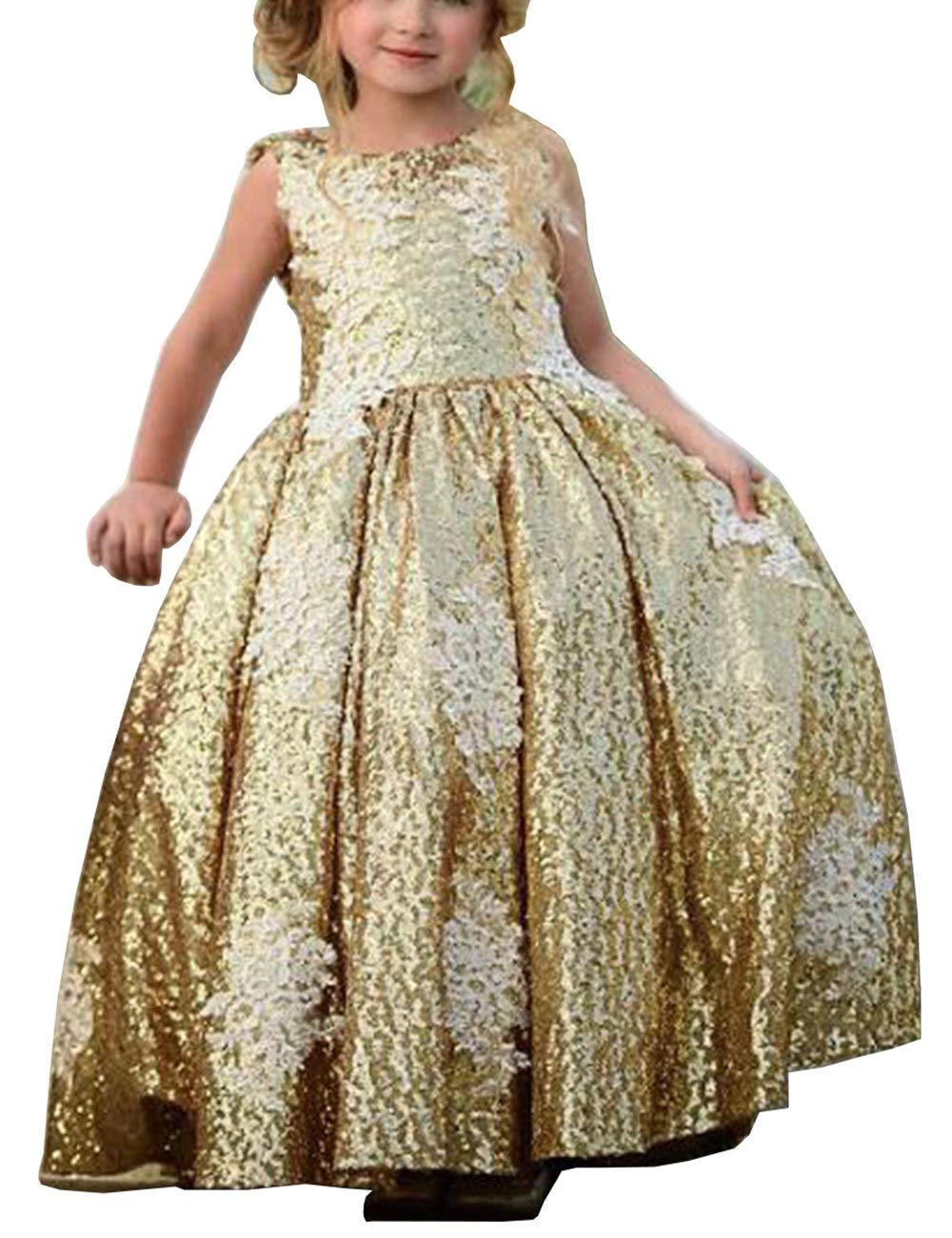 MuchXi Gold Sequin Flower Girl Dress for Wedding - Princess Lace Pageant Party Ball Gown with Appliqued Details | Perfect for Weddings, Pageants, Birthday Parties & Special Occasions