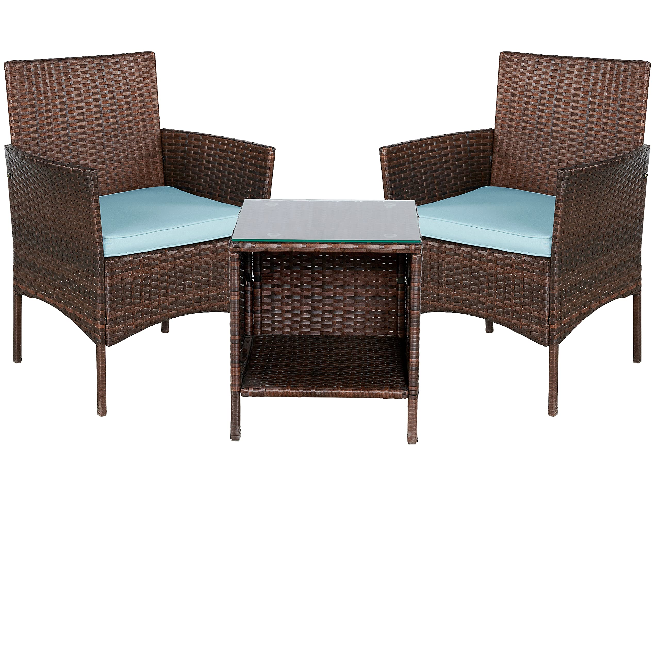 BTEXPERT 3-Piece Outdoor Wicker Patio Set with Cushions - Rattan Bistro Chairs & Tempered Glass Table - Space-Saving Garden, Yard, Porch Furniture for Relaxing & Entertaining - Brown Conversation Set with Side Storage