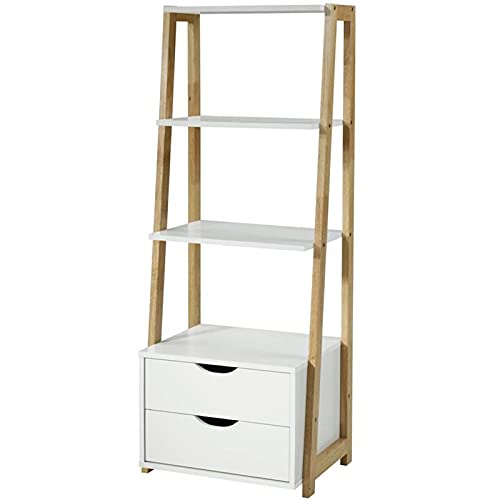 Pemberly Row 3-Shelf 2-Drawer Wooden Bookcase in White & Natural - Stylish Storage for Books, Decor & Office Supplies | Perfect for Living Room, Bedroom or Home Office Organization