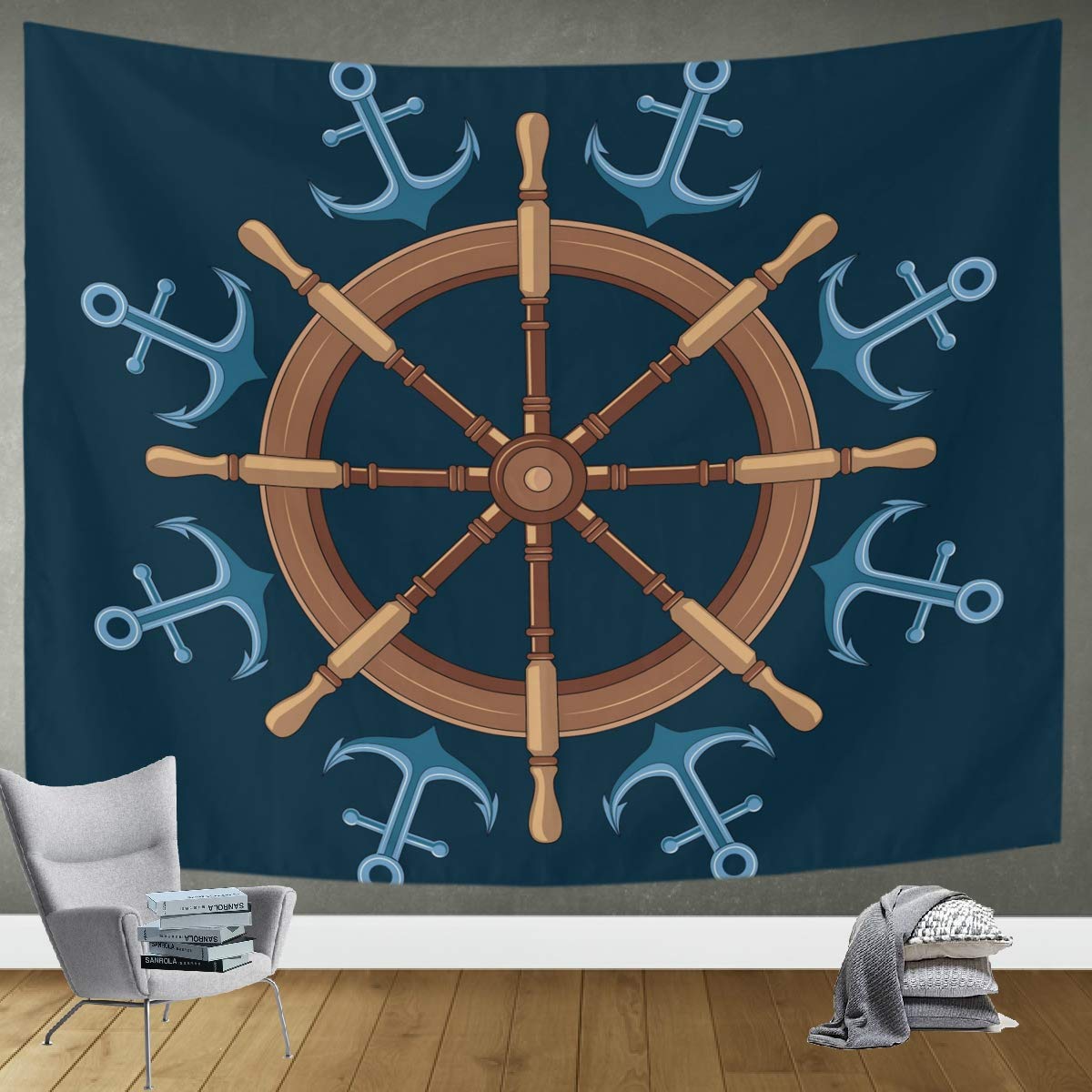 DOMIKING Steering Wheel Ship Tapestry Wall Hanging - 60x51 Inch Nautical Bedroom Decor, Living Room Wall Art for Home & Dorm - Perfect for Beach Theme Rooms, Boat Enthusiasts & Coastal Interior Design