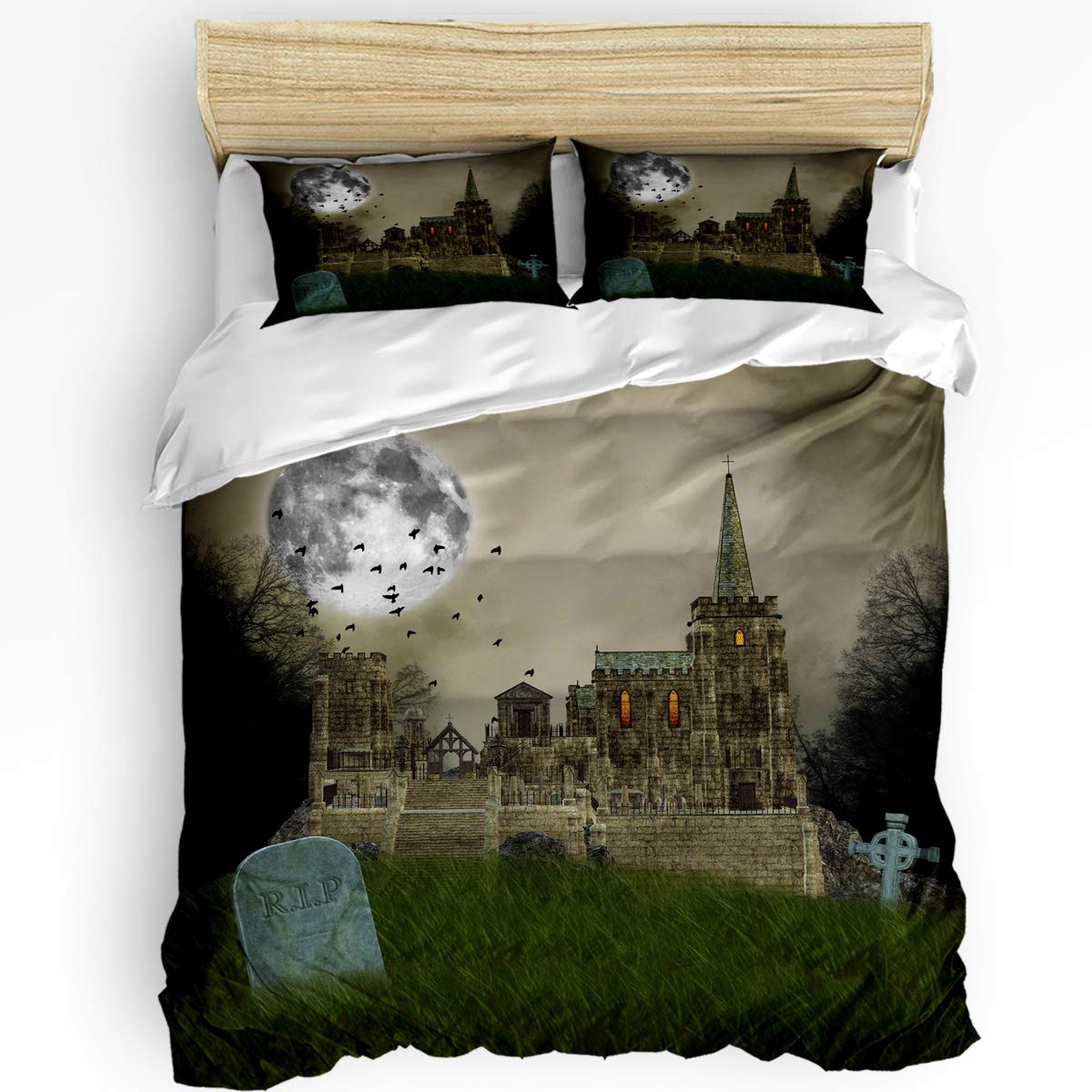 Haunted Mansion & Full Moon Graveyard King Size Duvet Cover Set - 92x106 Inch Halloween Bedding with Zipper Closure | Spooky Home Decor for All Seasons | Perfect for Gothic Bedroom, Halloween Party & Themed Guest Room