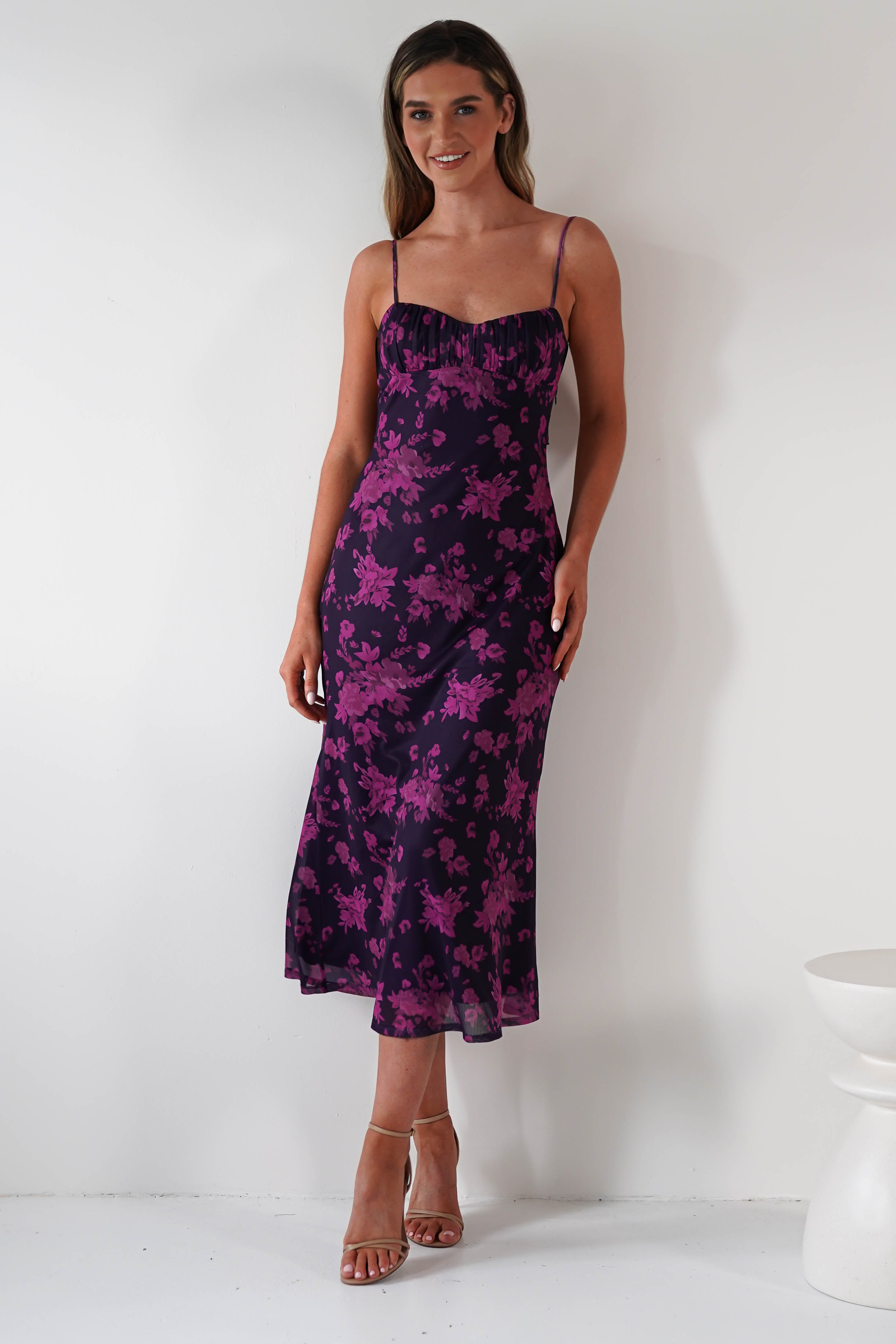 Merlo Low Back Midaxi Dress - Flattering Grape Print Summer Dress for Women | Perfect for Beach Vacations, Parties & Date Nights