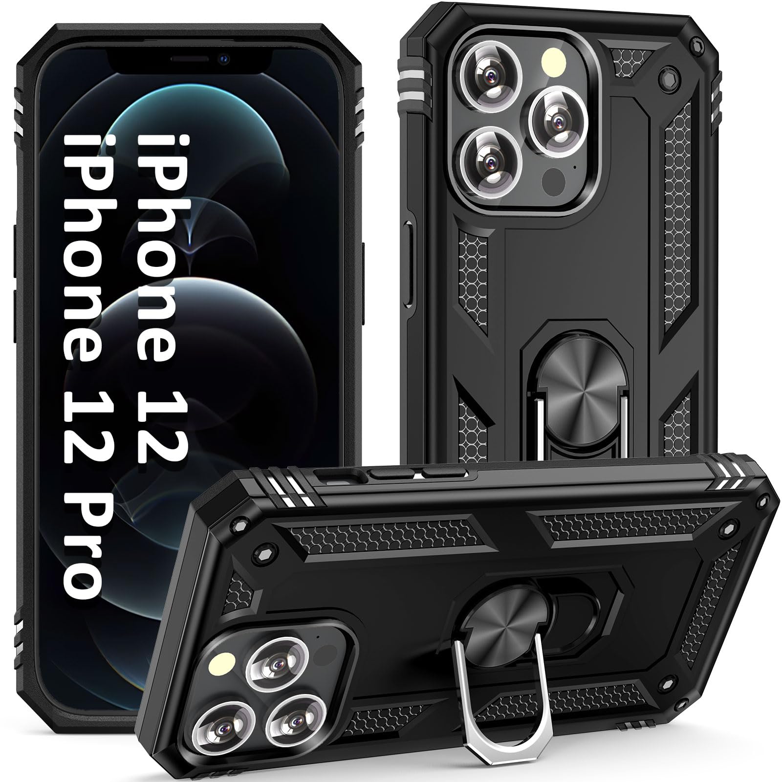 Military Grade Protective iPhone 12/12 Pro Case with Ring Kickstand & Car Mount - Shockproof Cover for 6.1
