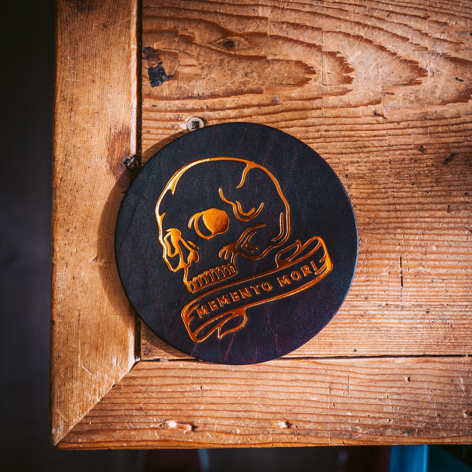 Premium Genuine Leather Coasters Set of 4 - Memento Mori Design - Elegant Drink Coasters for Home Bar, Office Desk & Coffee Table Protection