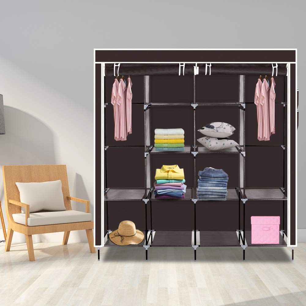 GOTOTOP 67 Inch Portable Wardrobe Closet - 12 Shelves Clothes Storage Organizer with 4 Side Pockets, Dark Brown - Perfect for Bedroom, Closet, Dorm Room & Small Space Organization
