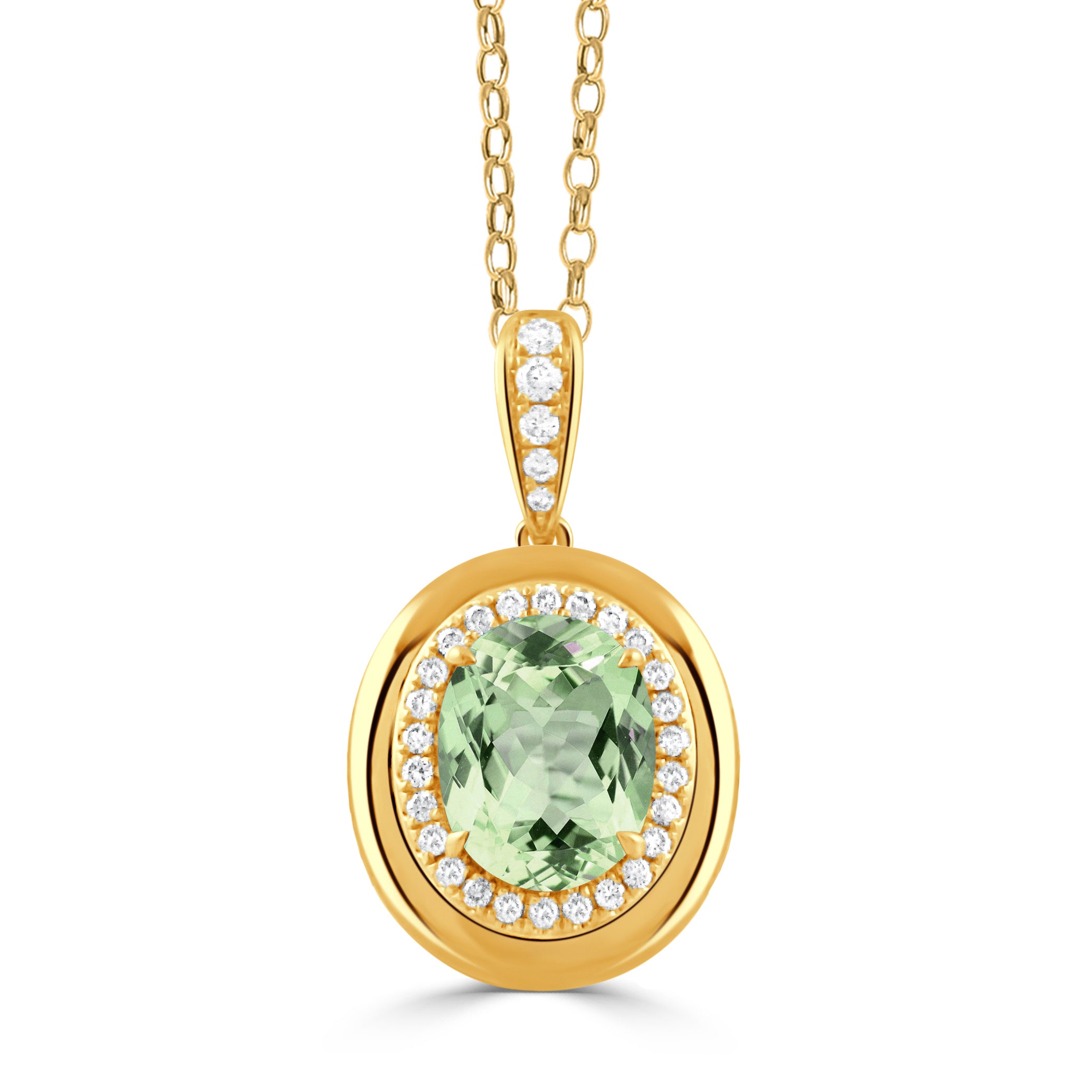 Oval Green Amethyst & Diamond 18K Yellow Gold Pendant Necklace for Women - Elegant Jewelry Gift for Anniversary, Birthday & Special Occasions