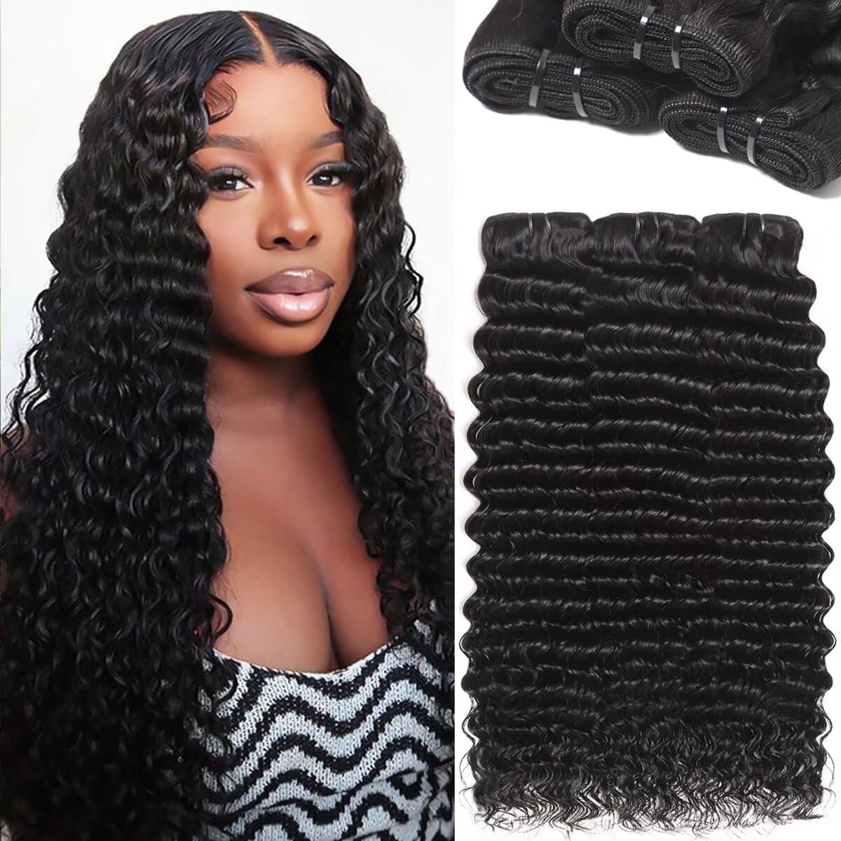 100% Unprocessed Virgin Brazilian Deep Wave Human Hair Bundles - 3 Bundles 12A Grade Natural Black (16/18/20 Inch) Double Weft for Weaving, Wigs & Extensions - Perfect for Daily Wear, Parties & Special Occasions