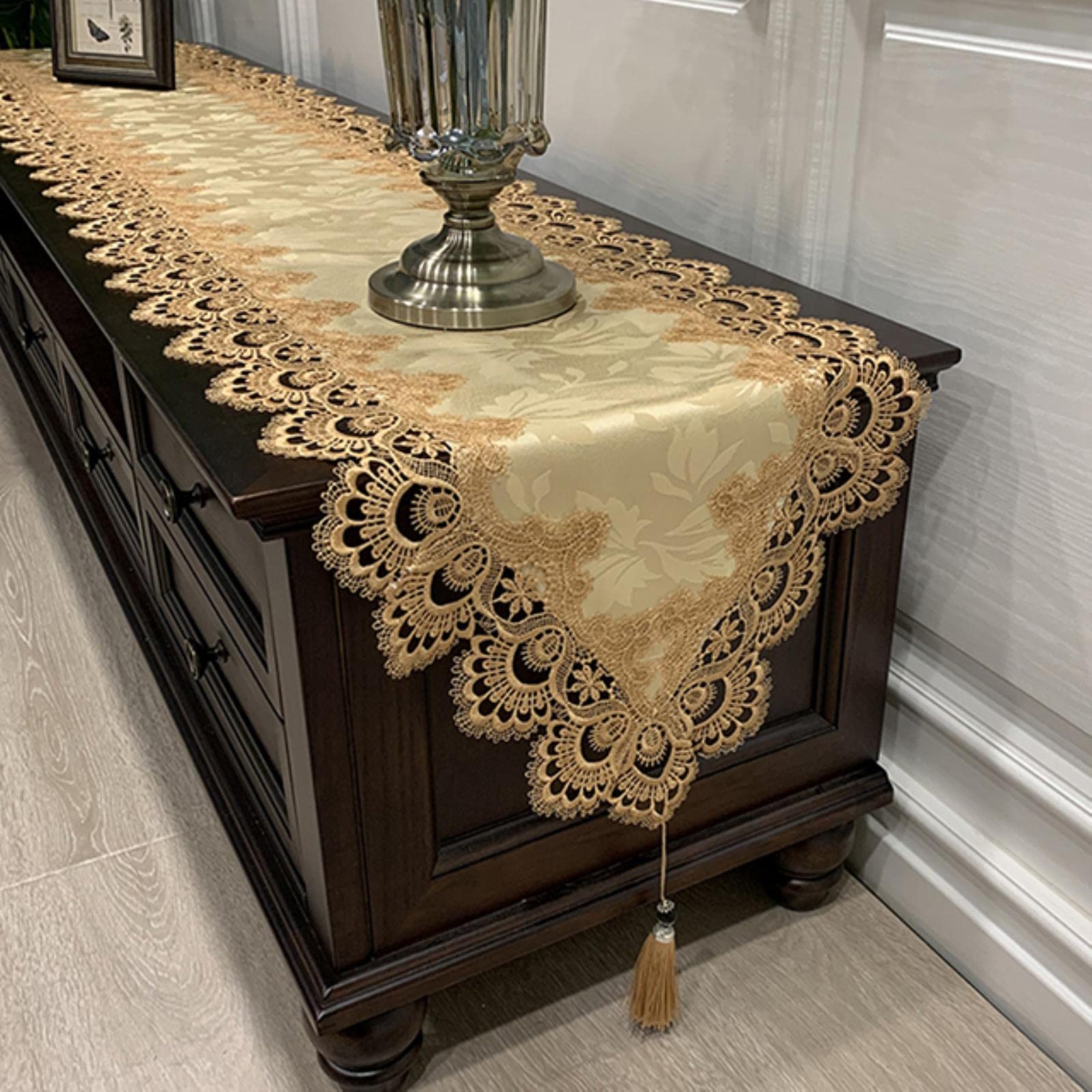 Elegant Embroidered Table Runner for Tea Table, TV Cabinet, Dresser - Lace Pendant Tassel Decorative Cover for Home Decor | Perfect for Dining Room, Living Room & Bedroom