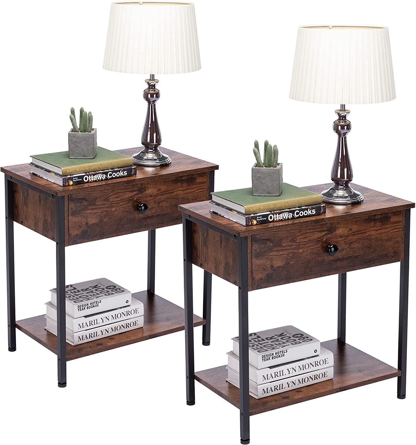 DYHOME 2-Piece End Table Set with Storage Drawer & Shelf - Nightstand, Side Table for Bedroom & Living Room - Rustic Brown Wooden Accent Furniture for Small Spaces