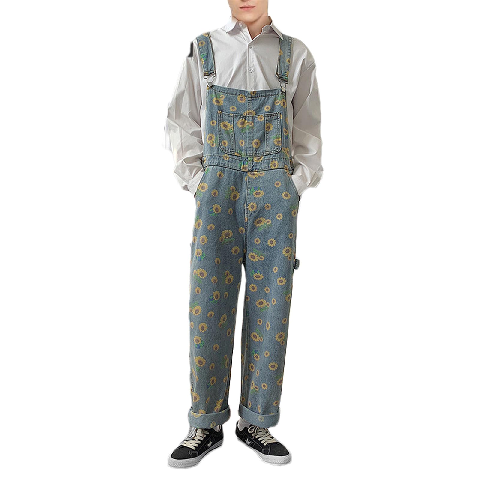 Trendy Floral Print Denim Overalls for Men - Streetwear Jumpsuit with Pockets & Suspenders | Casual Outfit, Festival Fashion, Urban Style & Workwear
