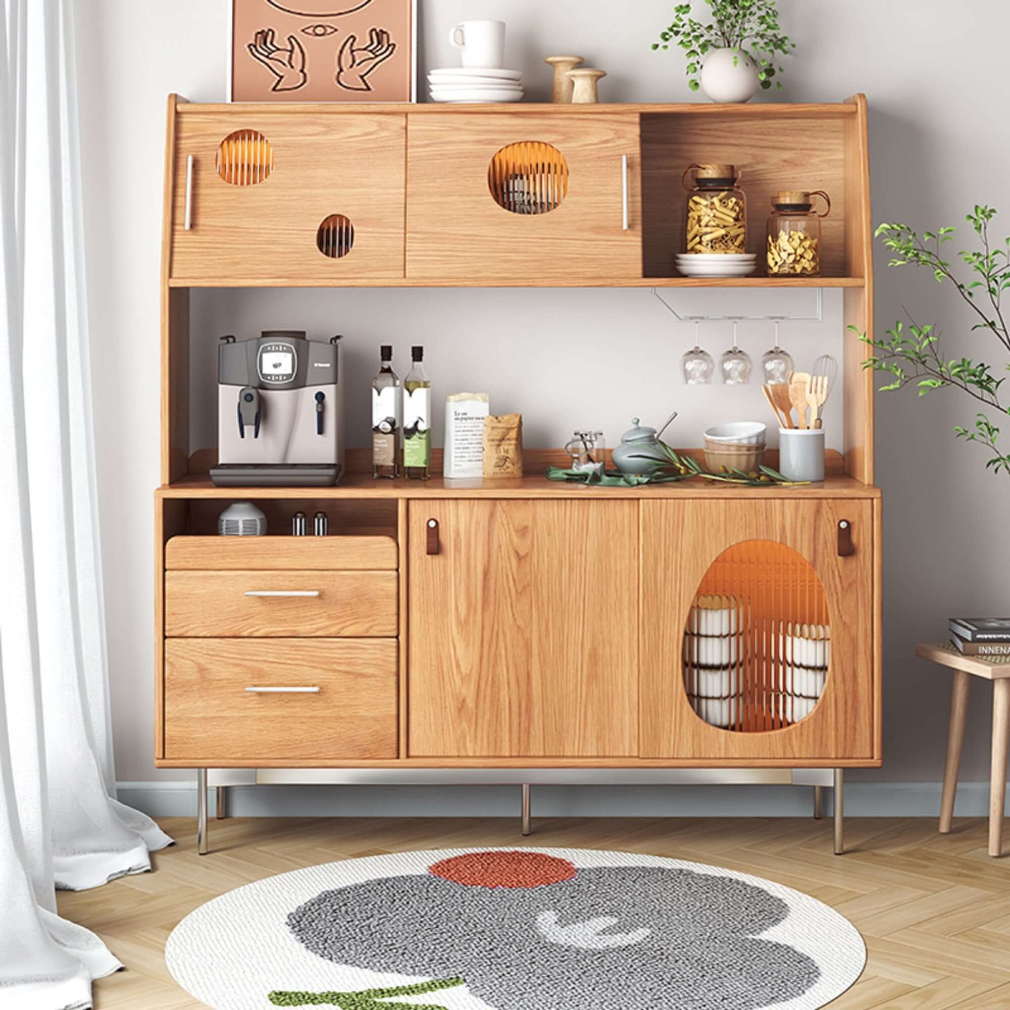 Large Capacity Wooden Sideboard with Wine Cabinet - 2-Tier Kitchen Storage for Dining Room & Living Room Organization