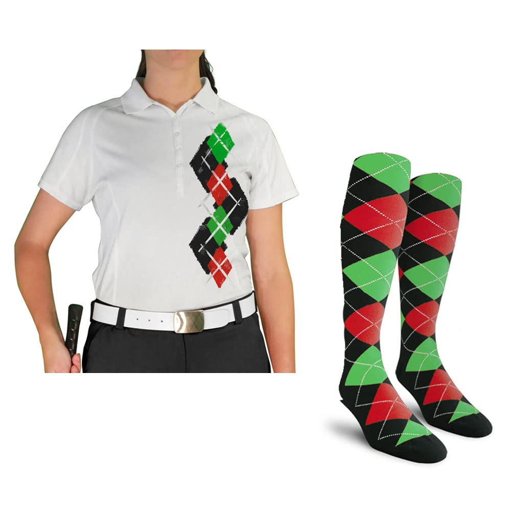 Dry Fit Short Sleeve Graphic Golf Polo Shirt with Socks for Women - Breathable Moisture Wicking Performance Top & Comfortable Socks Set - Perfect for Golf, Tennis, Casual Wear & Outdoor Activities | Argyle Paradise (A-Z)
