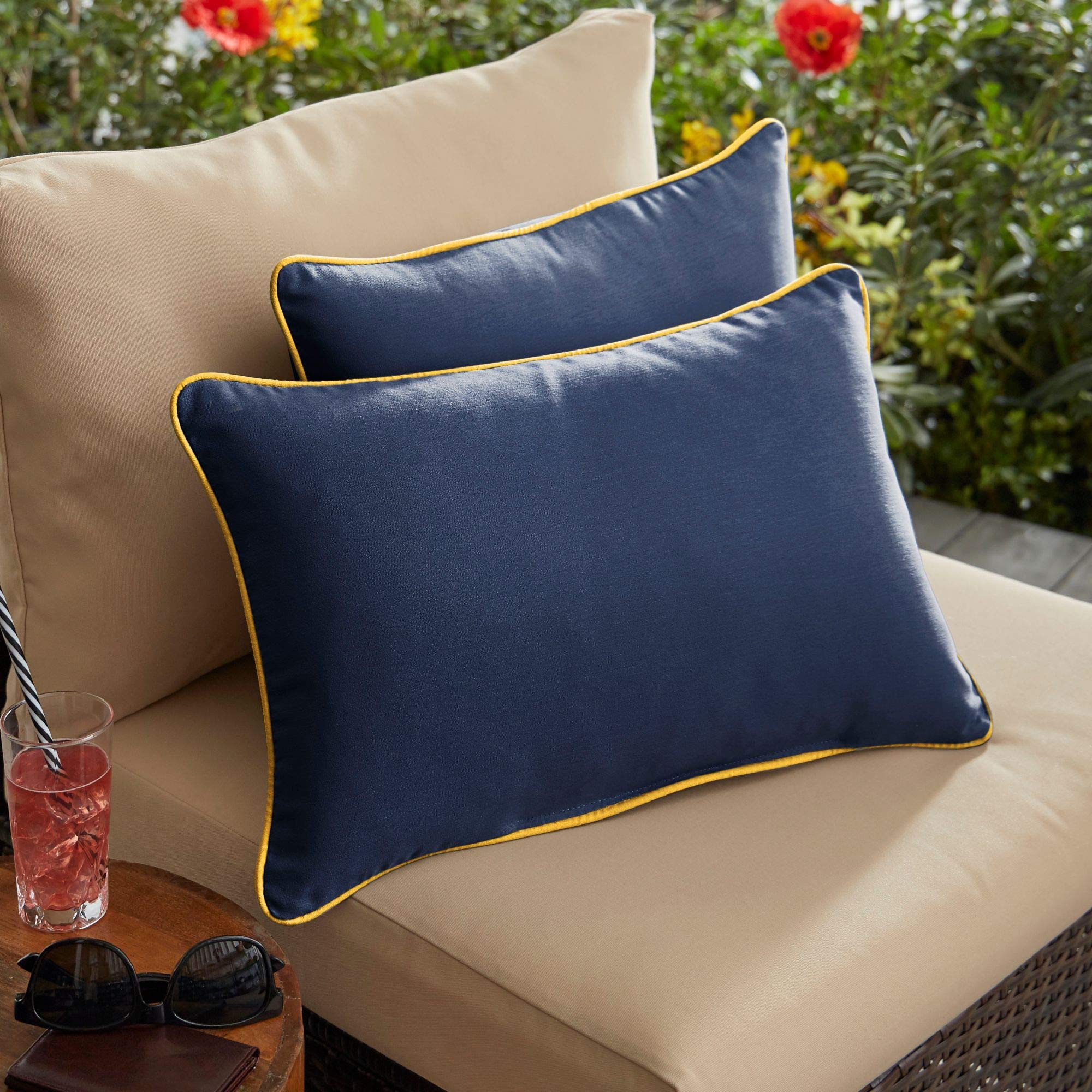 Premium Set of 2 Outdoor Lumbar Pillows - Navy Blue & Sunflower Yellow - 20