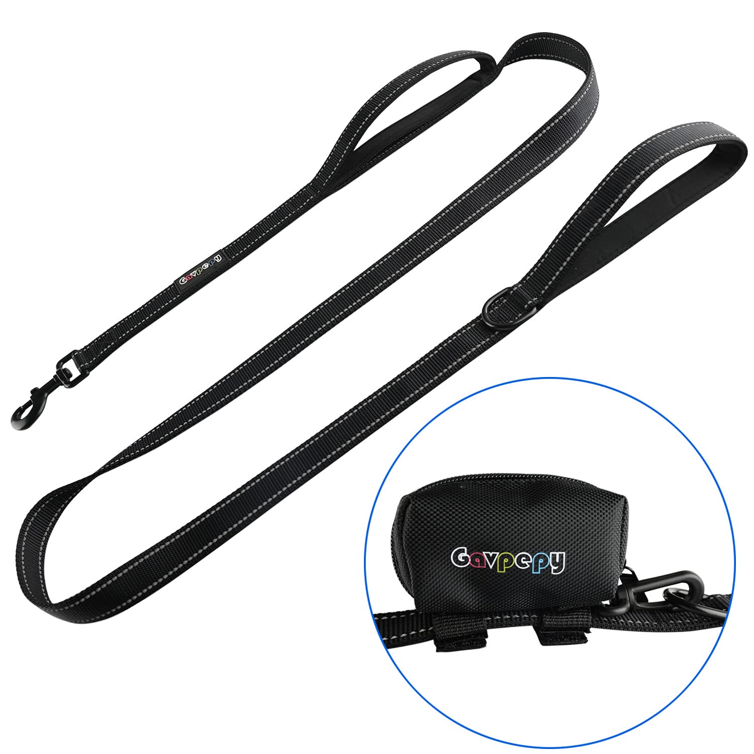 Gavpepy 3M Reflective Heavy Duty Dog Leash - 5ft Long with Padded Handle & Poop Bag Dispenser - Double Handle Training Lead for Large & Medium Dogs - Perfect for Night Walks, Jogging & Outdoor Adventures
