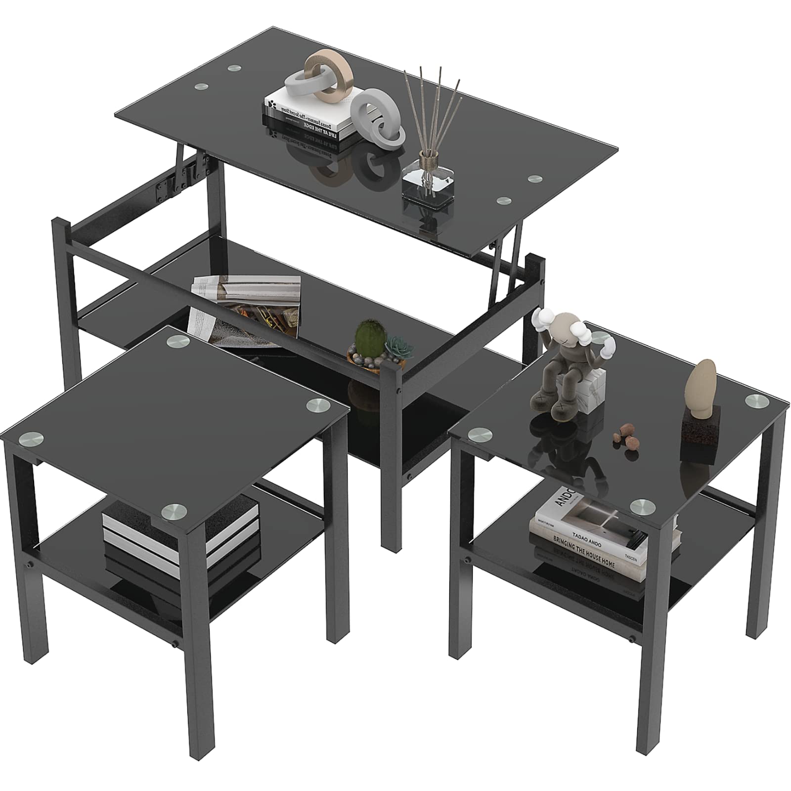 3-Piece Lift Top Coffee Table Set - Black Glass Modern Living Room Furniture with End Tables for Small Spaces | Perfect for Apartments, Condos & Home Decor