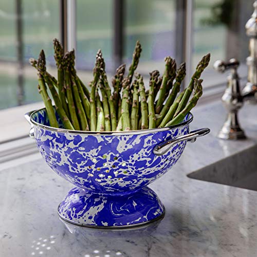 Premium Cobalt Blue Swirl Enamelware 3 Quart Colander - Durable Stainless Steel Pasta Strainer with Handles for Kitchen, Camping & Outdoor Cooking