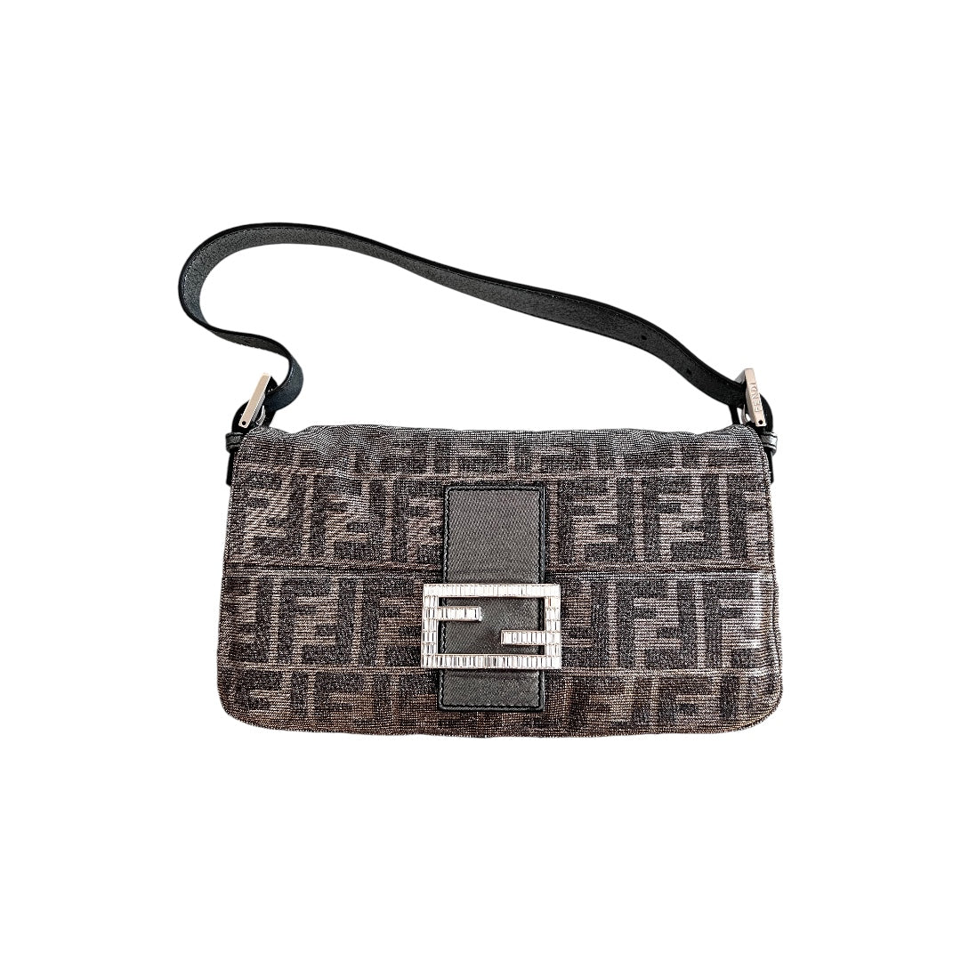 Fendi Silver Shimmering Zucca Baguette Bag - Luxury Designer Crossbody Purse for Women | Perfect for Evening Parties, Date Nights & Special Occasions