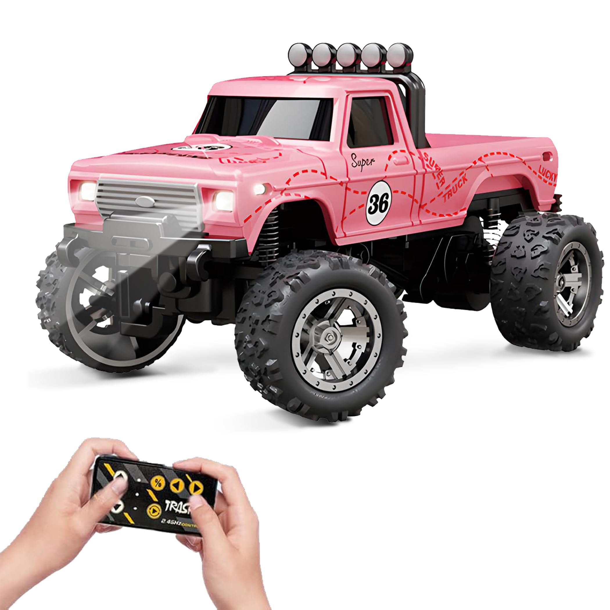 1/64 Scale Mini RC Monster Truck - 2.4GHz Remote Control Car with LED Lights, Alloy Body Big Wheel Off-Road Toy for Boys & Kids (Pink) | Birthday Gifts, Indoor/Outdoor Play, Racing Competition
