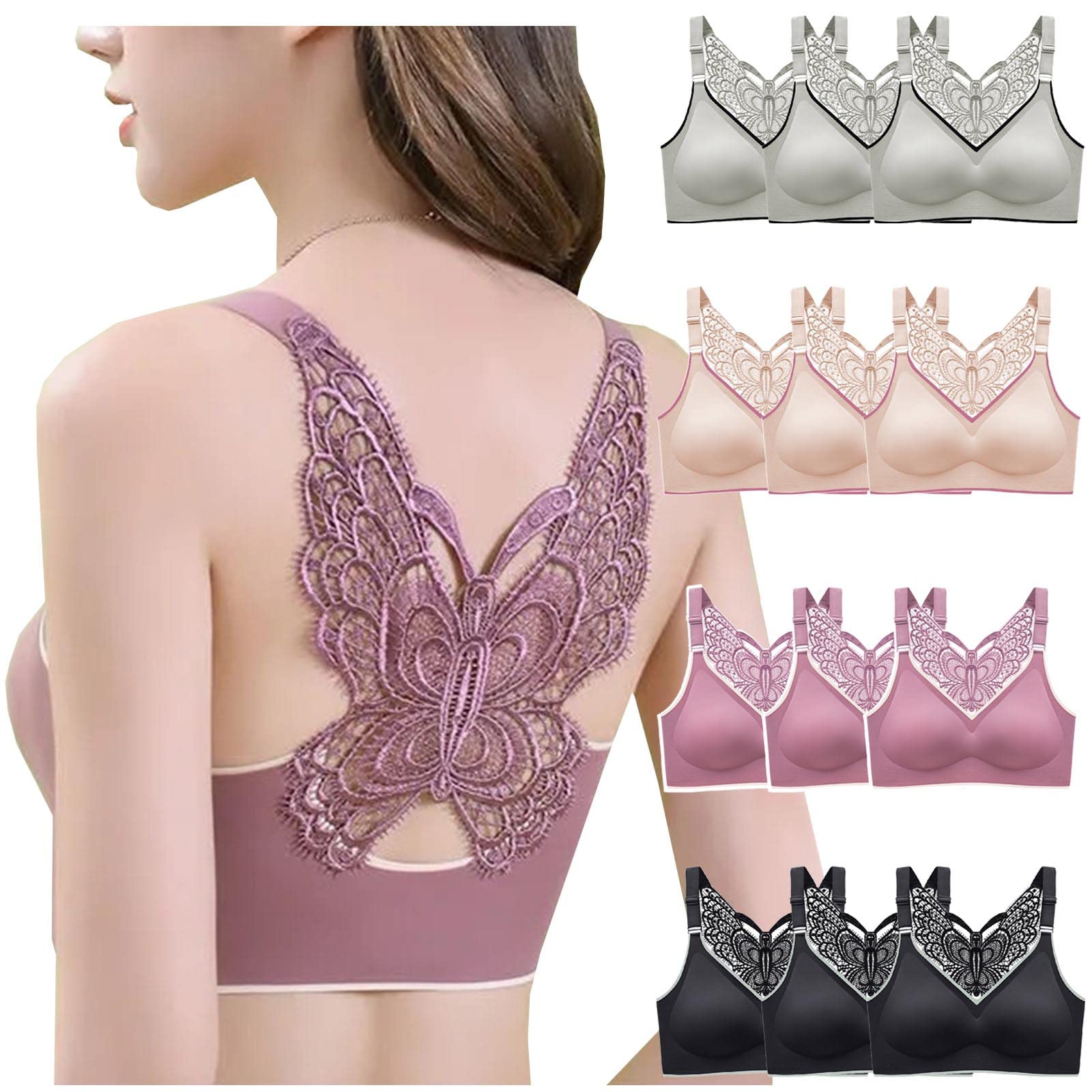 3 Pack Plus Size Seamless Lift Bras for Women - Full Figure Sports Bra with Back Lace & Butterfly Elastic Design - Comfortable Wireless Support for Yoga, Workout & Everyday Wear