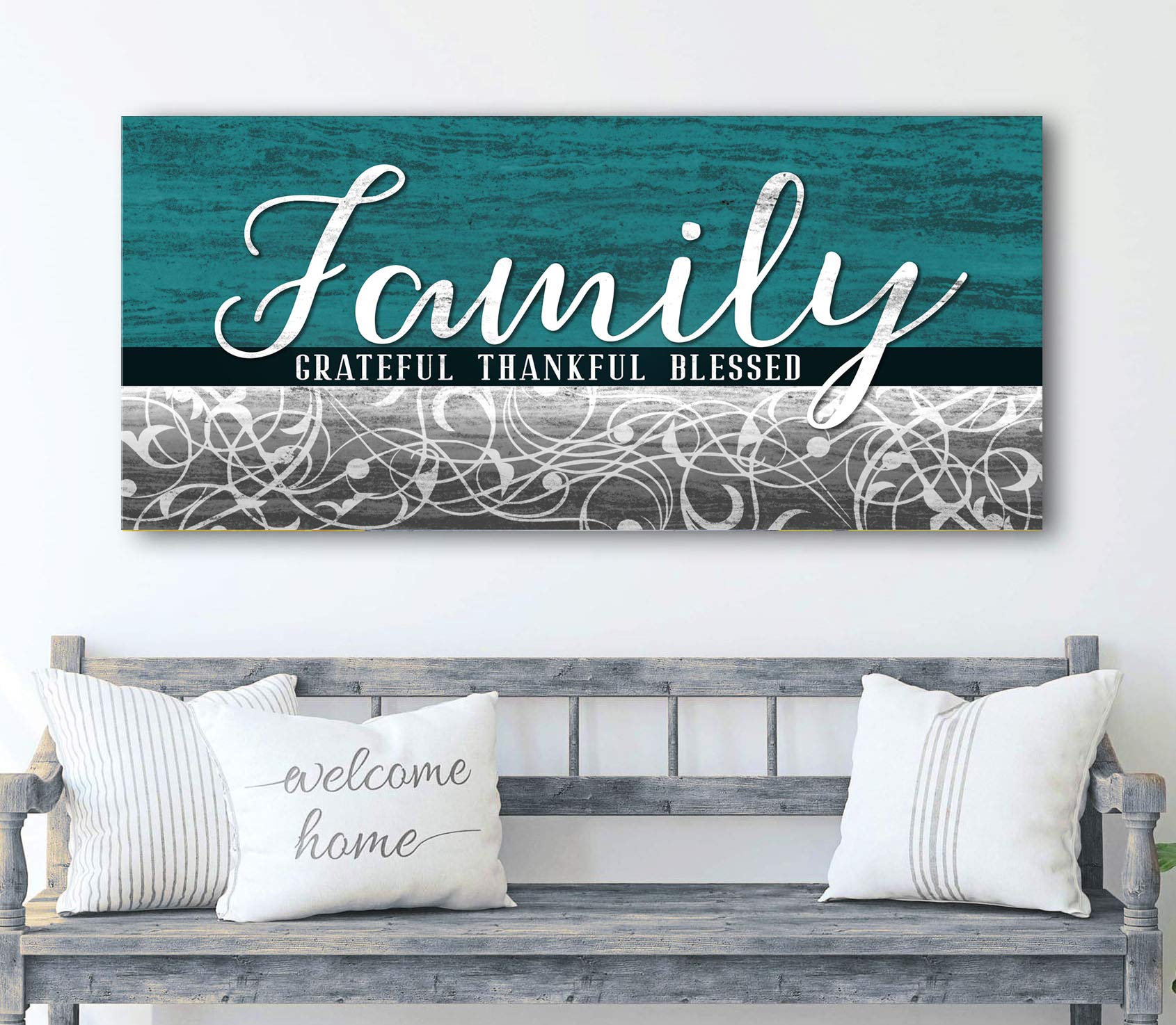 Family Is Everything Framed Wall Art - Large 60x27 Inch Farmhouse Canvas Decor for Living Room, Family Room & Home - Grateful Thankful Teal V6 - Perfect for Housewarming Gifts & Cozy Home Decor
