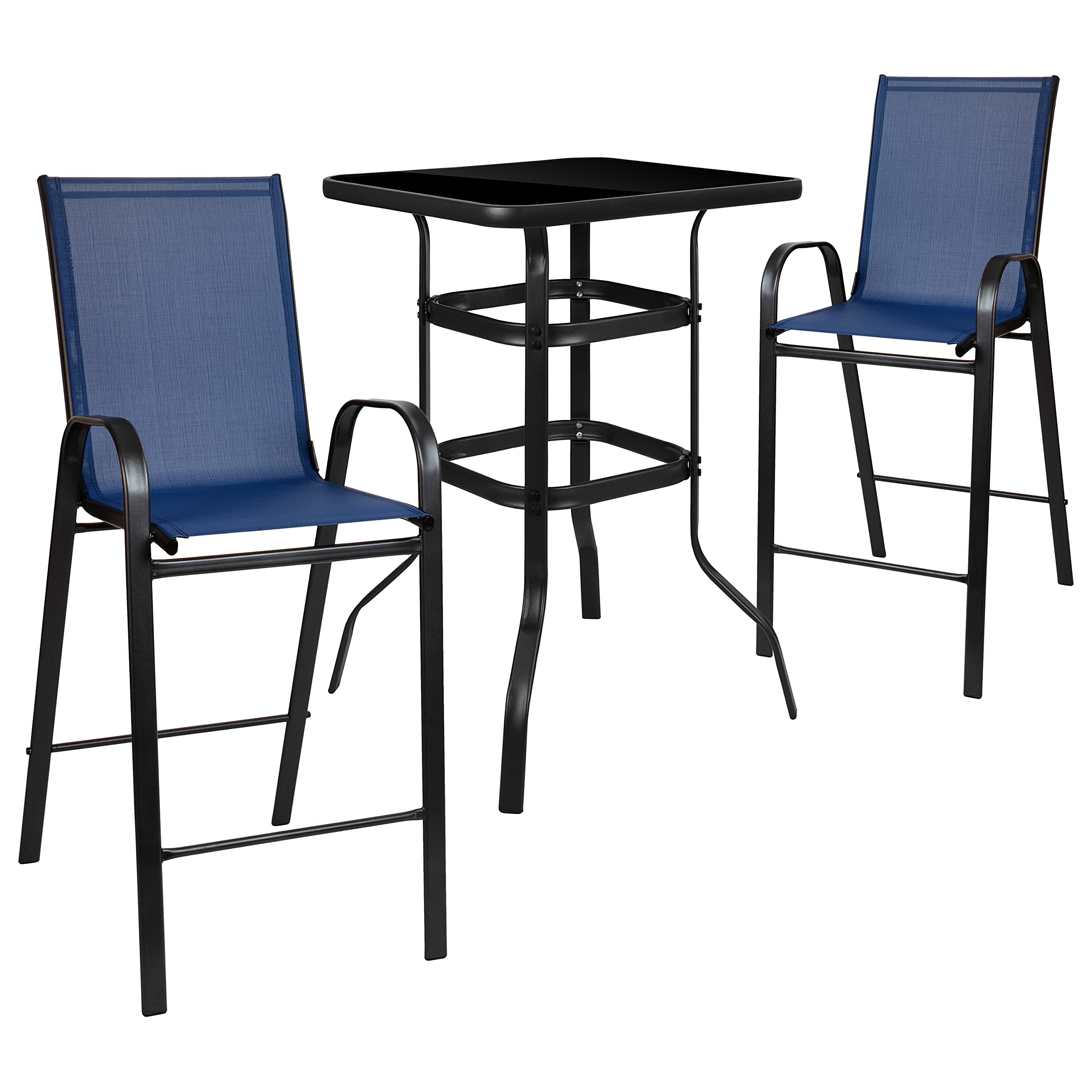 Flash Furniture Brazos 3-Piece Bar Table Set with 2 Navy Patio Bar Stools - Tempered Glass Top Outdoor Dining Set for Backyard, Deck, Poolside & Patio