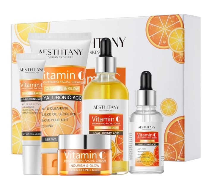 Vitamin C Skin Care Set for Women - 5-in-1 Moisturizing Hyaluronic Acid Facial Routine with Cleanser, Serum, Cream, Eye Cream & Toner | Anti-Aging, Brightening & Hydration | Perfect for Daily Skincare & Valentine's Day Gifts