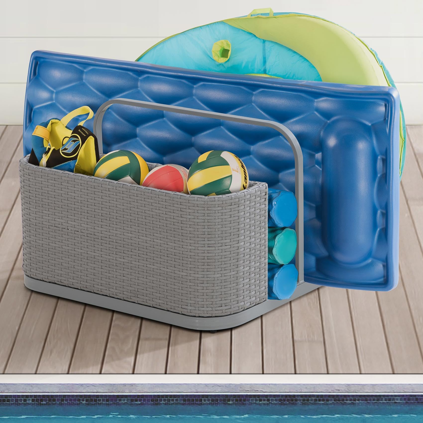 **Sunjoy 35-Inch Rust-Proof Aluminum Pool Float Storage Rack – Outdoor Wicker Poolside Organizer for Cushions, Floaties, Noodles & Pool Toys (Grey) – Perfect for Backyard, Patio & Poolside Storage**