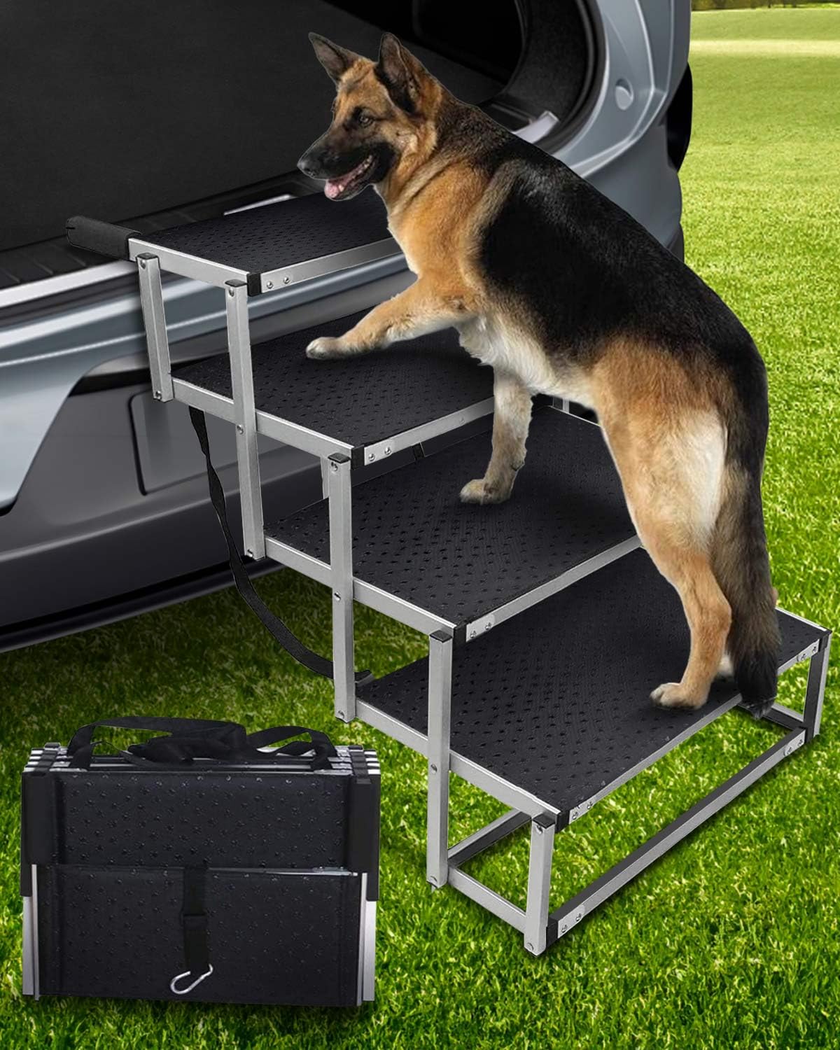 Extra Wide Dog Car Ramp for Large Dogs up to 250lbs - 4 Step Portable Aluminum Stairs with Non-Slip Surface - Perfect for SUV, Truck & High Bed Access - Ideal for Outdoor Use, Travel & Senior Pets