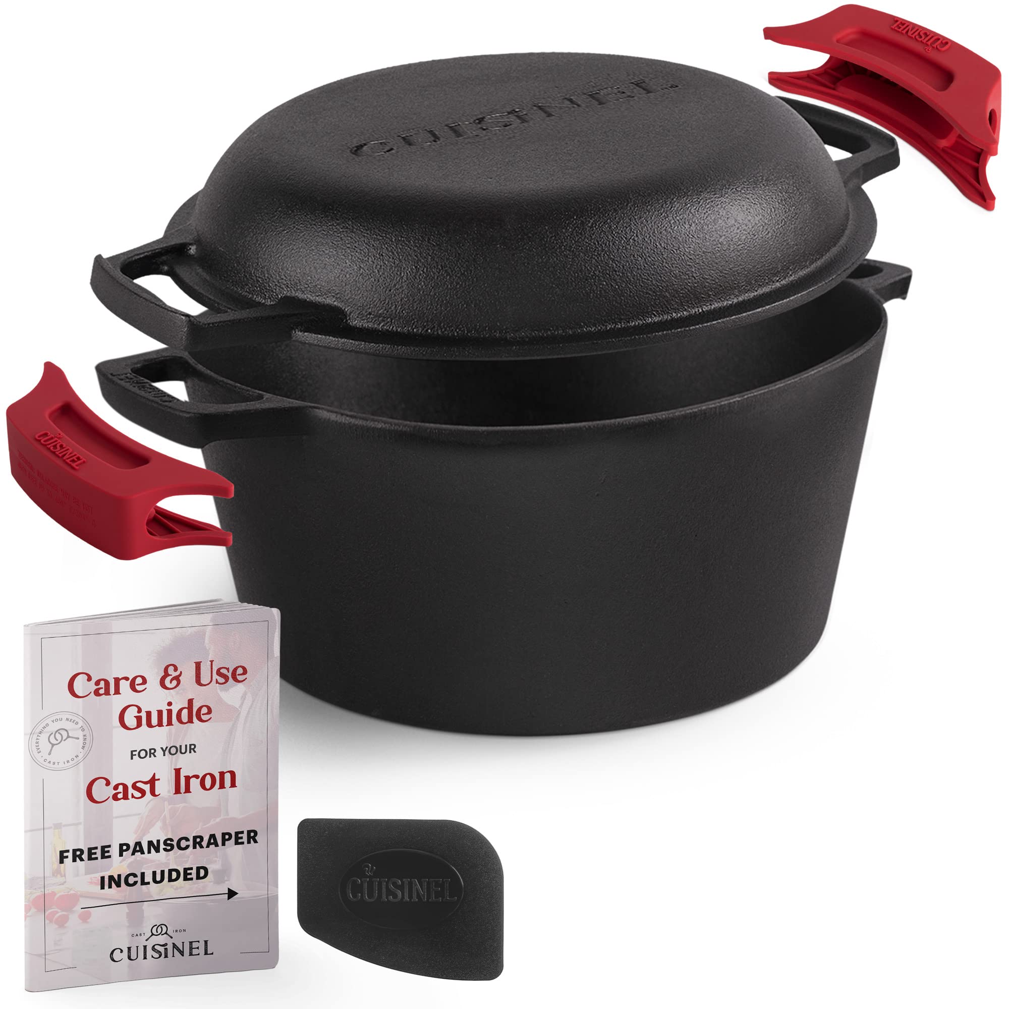 Cuisinel 5-Quart Cast Iron Dutch Oven - Preseasoned 2-in-1 Multi-Cooker with Skillet Lid & Accessories - Perfect for Baking Bread, Stews & Outdoor Cooking