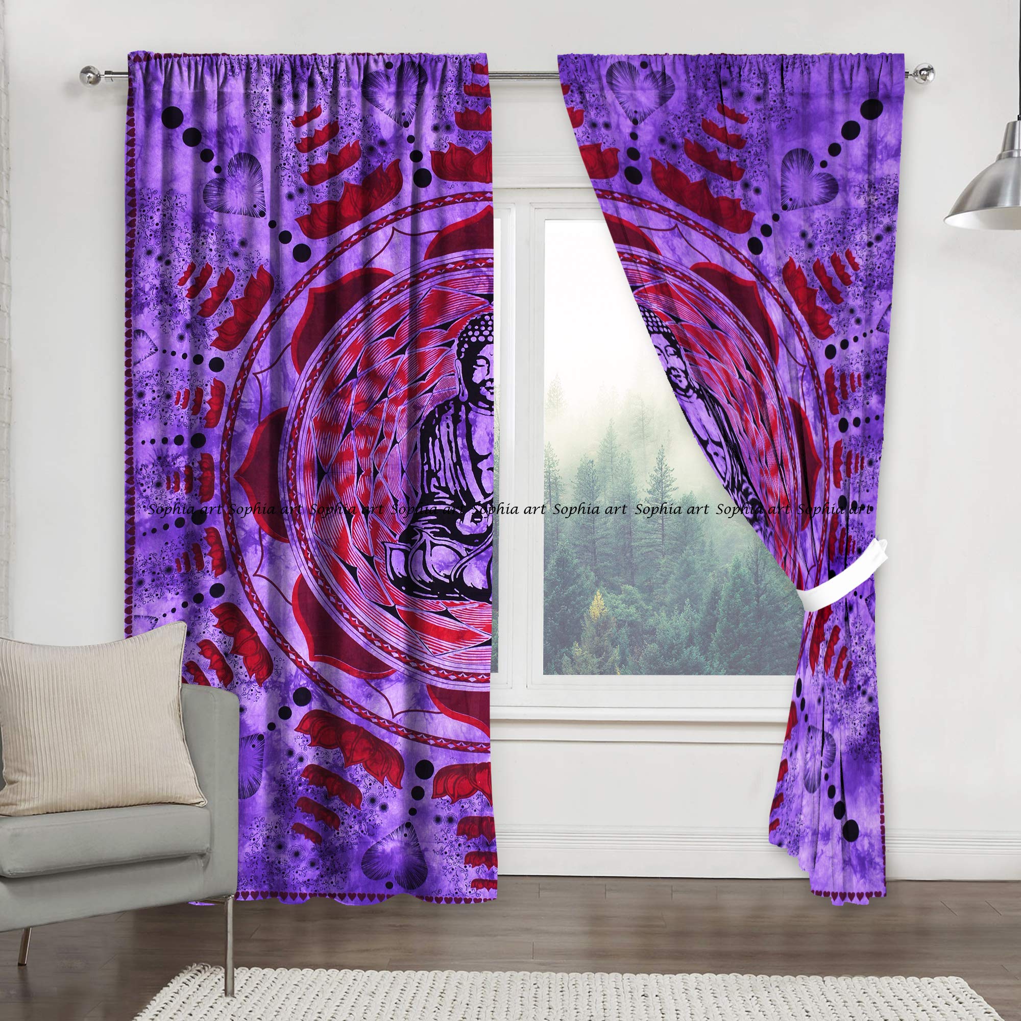 Sophia-Art Purple Meditation Buddha Tie Dye Mandala Print Kitchen Window Curtains & Valance Set - Bohemian Dorm Tapestry, Indian Balcony Room Decor for Meditation Spaces, Yoga Studios & Hippie Home Decor