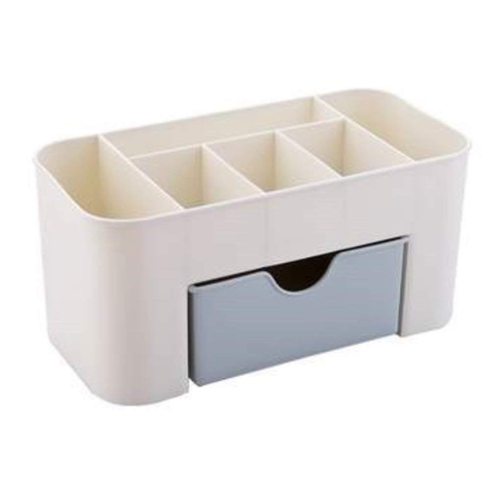 Plastic Desktop Cosmetic Organizer with Small Drawer - Multi-Functional Jewelry Storage Box for Makeup, Accessories & Home Organization (Blue) - Perfect for Vanity, Bathroom & Dorm Room