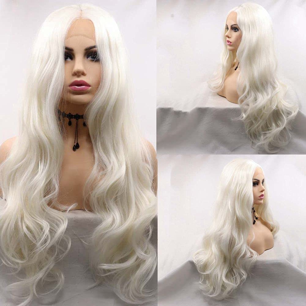 Platinum Blonde Synthetic Lace Front Wig - Heat Resistant Long Body Wave Wigs for Women (1001#Color) | Perfect for Cosplay, Daily Wear & Special Occasions