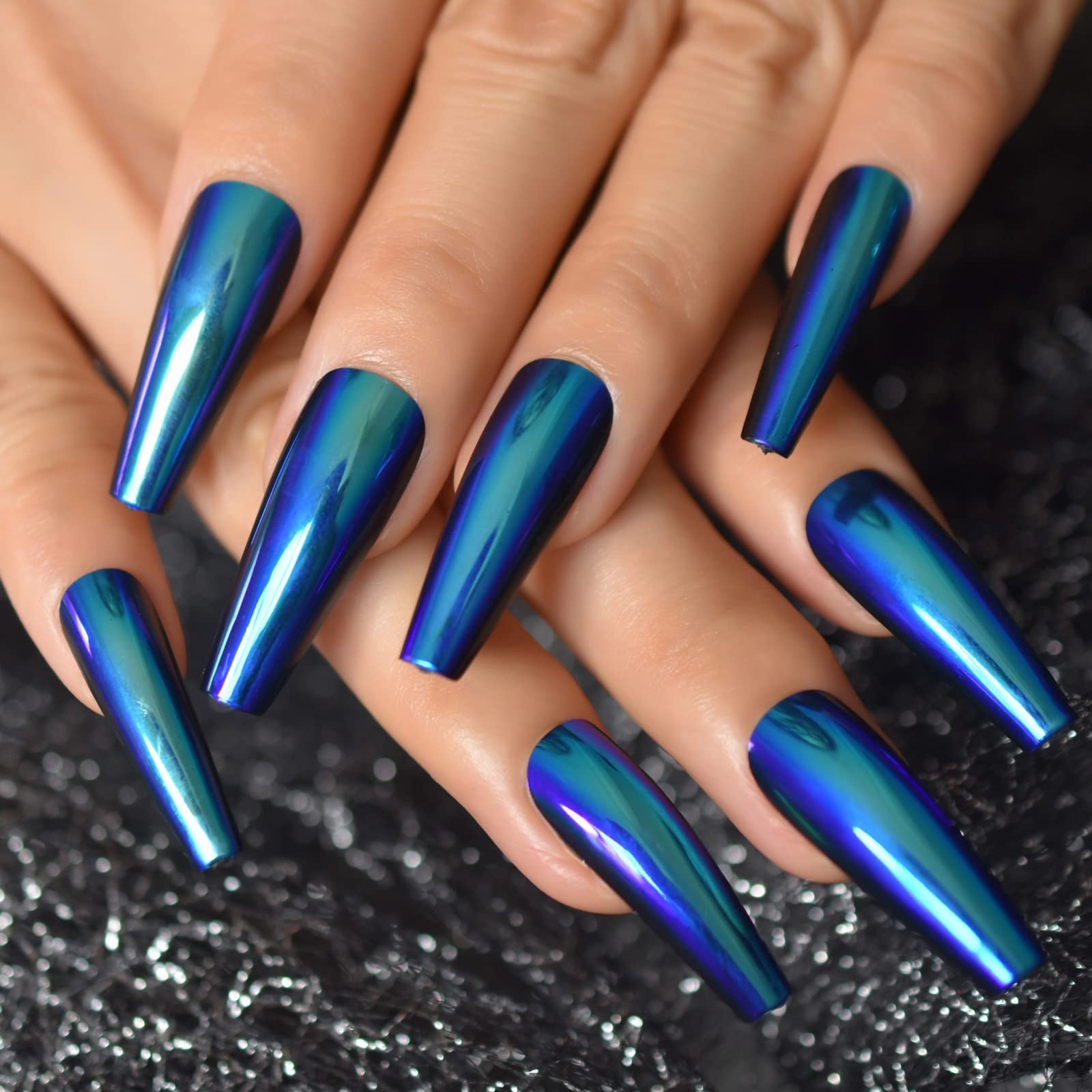 Chrome Metallic Blue Press On Nails - Extra Long Coffin Ballerina Fake Nails Set with Mirror Finish | Acrylic False Nails for Women | Perfect for Parties, Weddings & Special Occasions